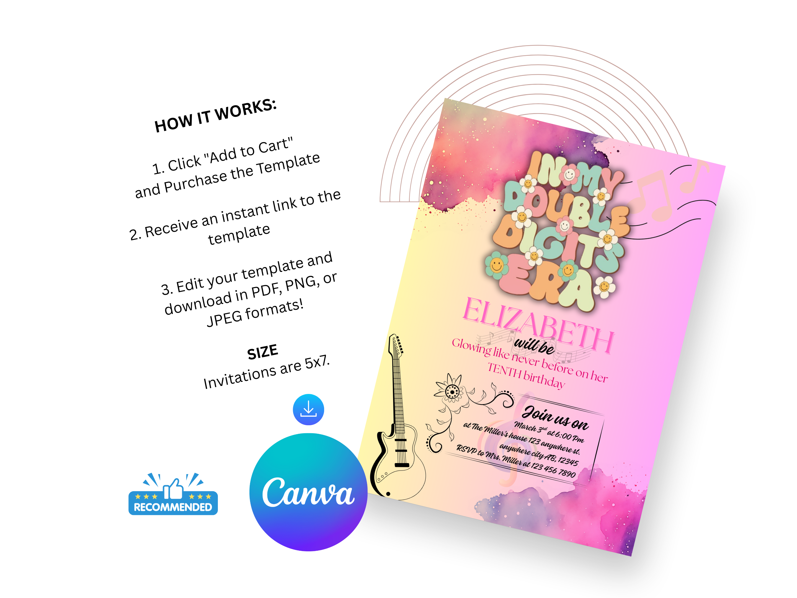 Invitation card with colorful design and text, featuring Canva logo.