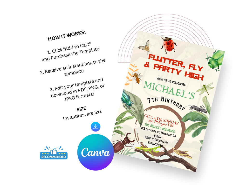 Birthday invitation card with insect theme and Canva branding