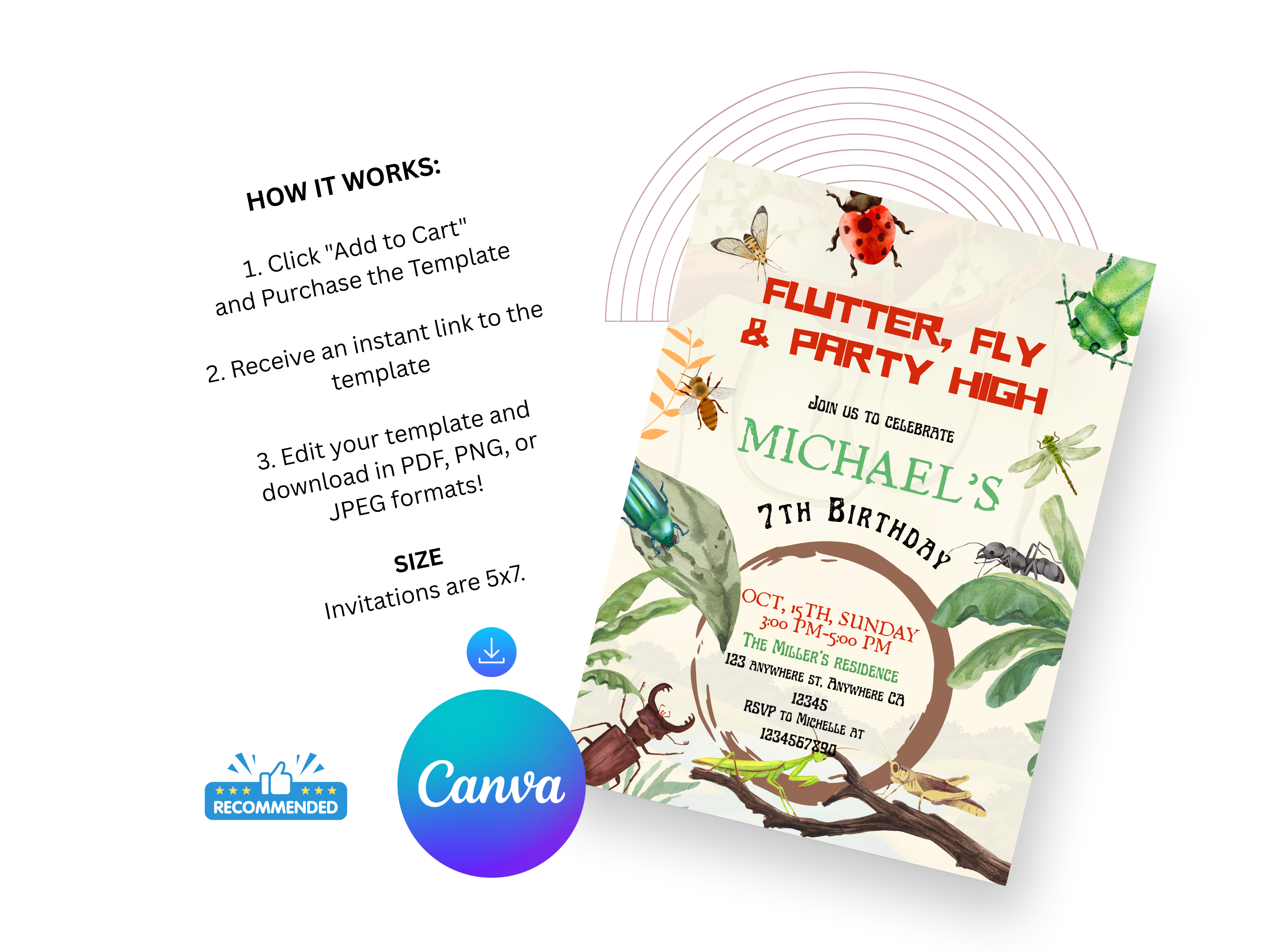 Birthday invitation card with insect theme and Canva branding