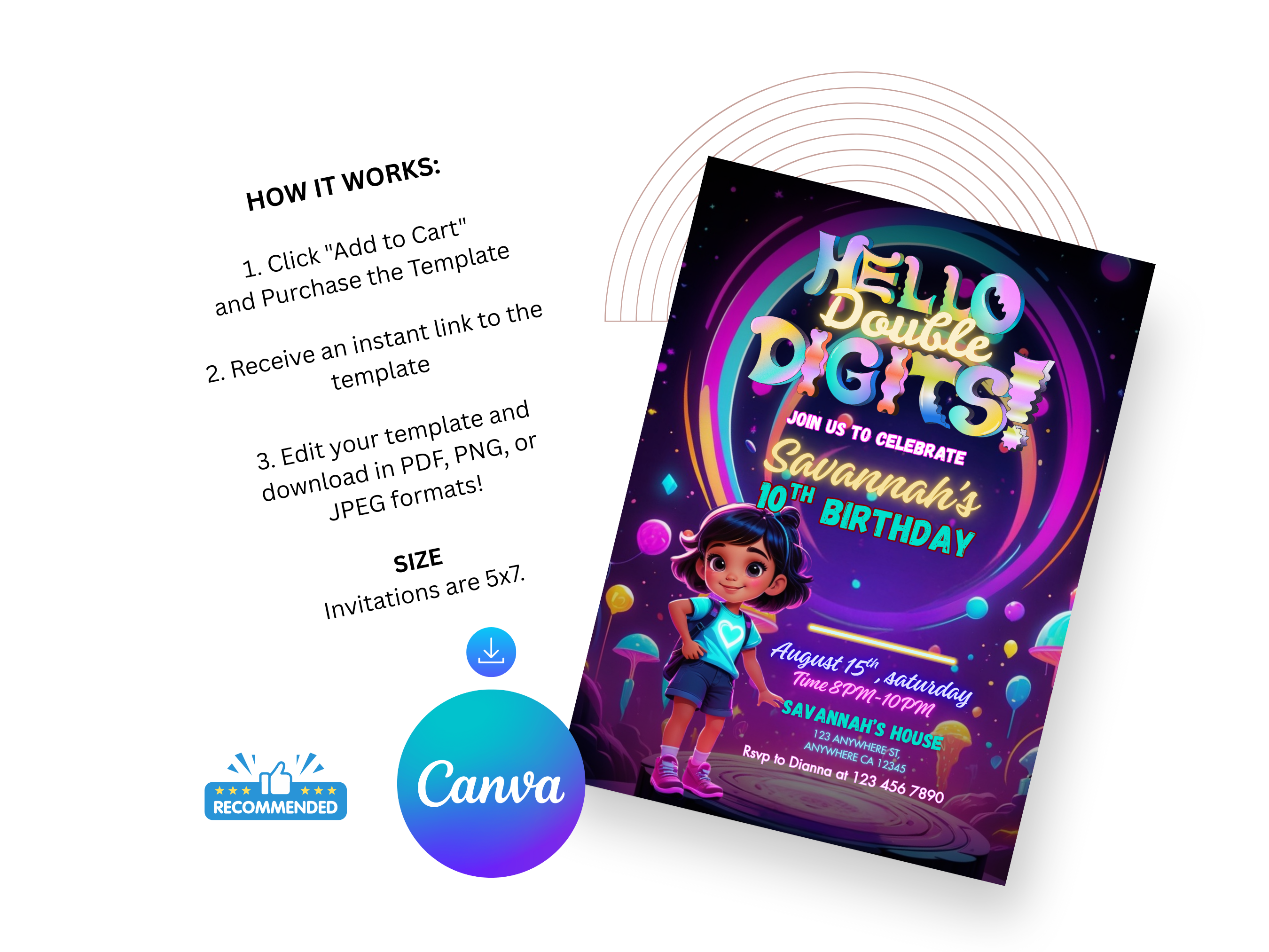 Children's birthday party invitation with character design, featuring Canva branding.