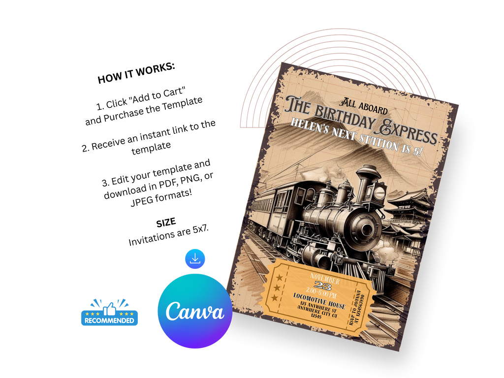 Vintage train-themed birthday invitation card with Canva logo on a white background