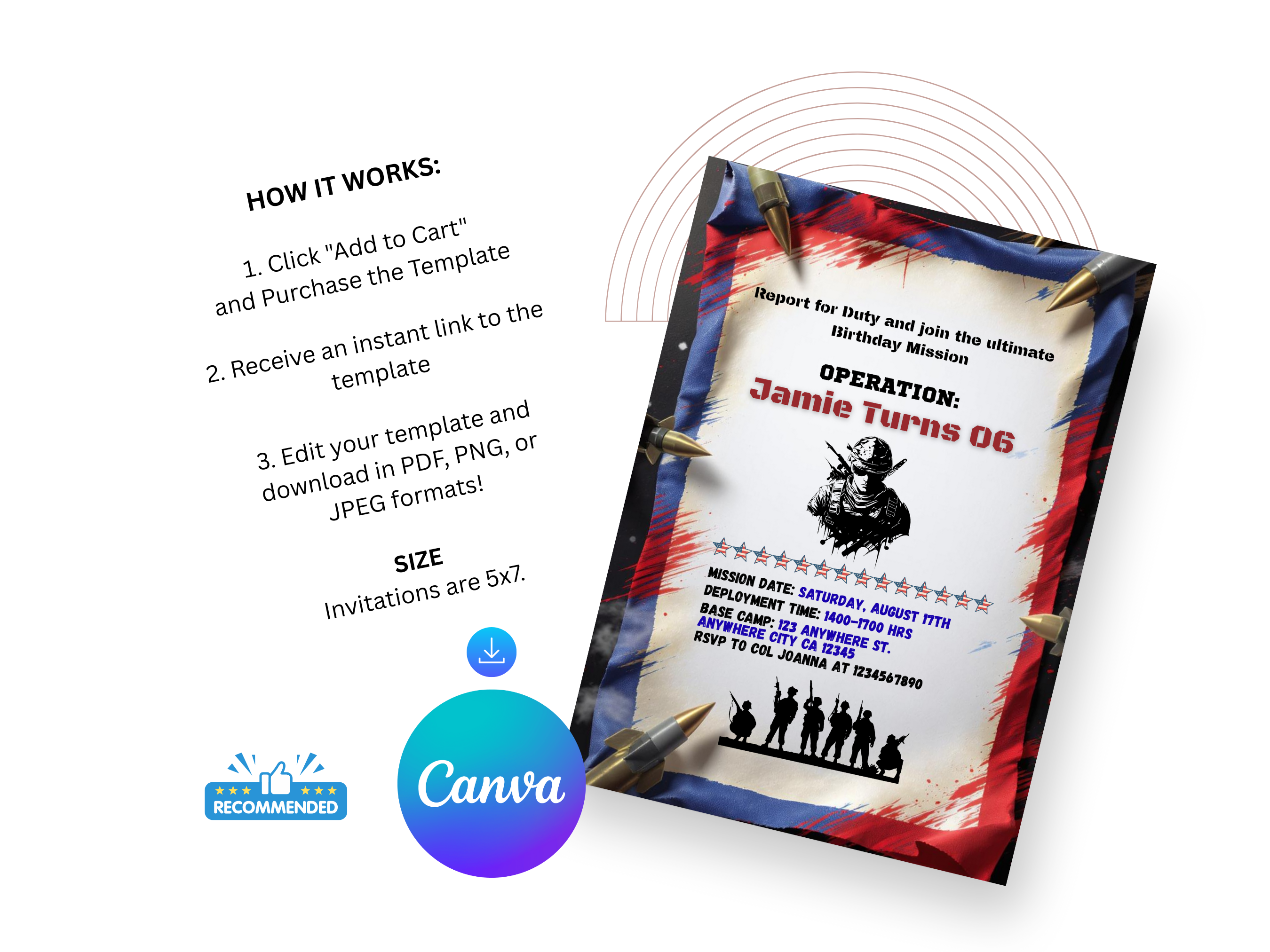 Invitation template with text and graphics on a white background, featuring Canva logo.
