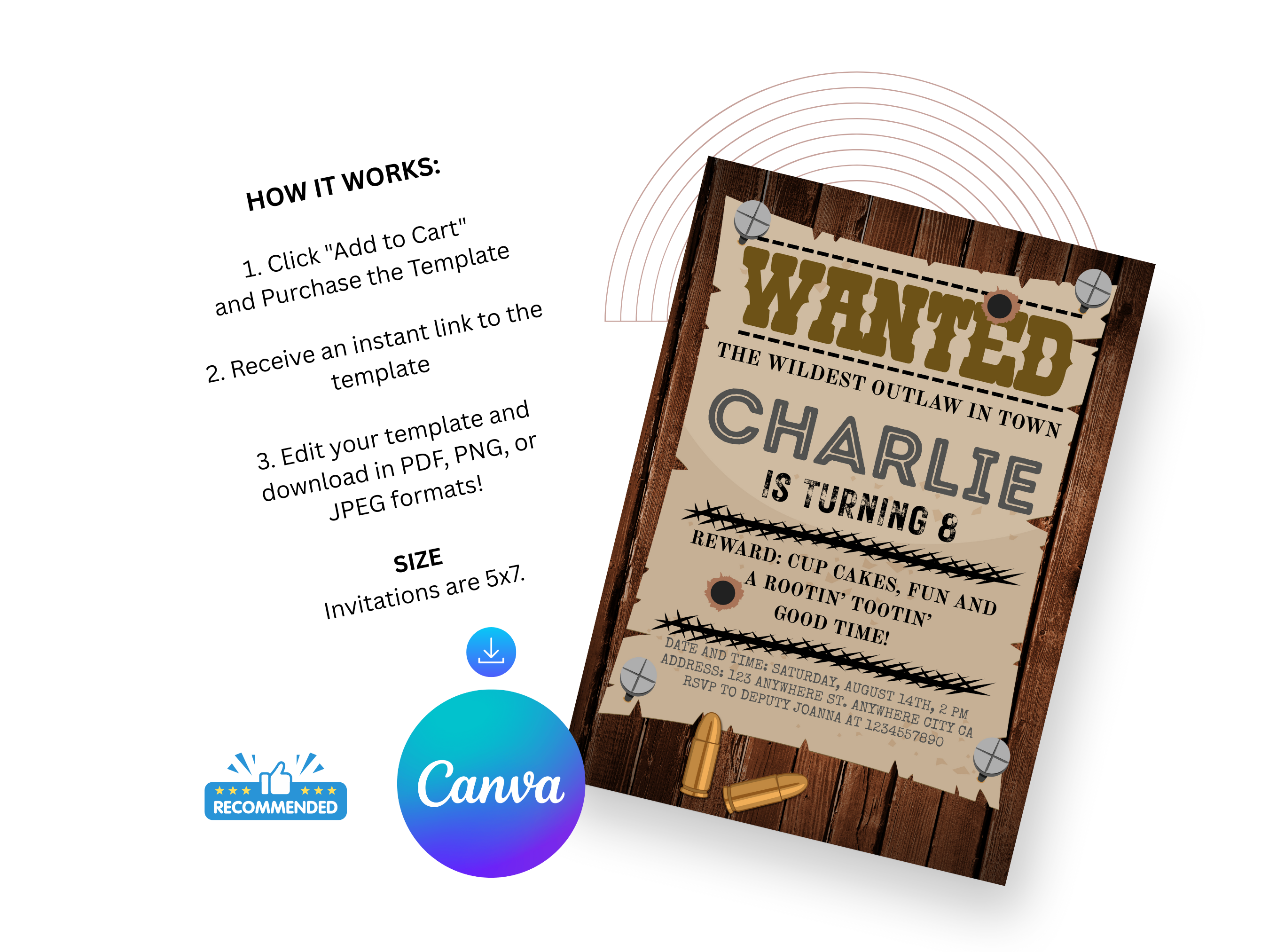 Wanted poster birthday invitation with Canva logo on a white background