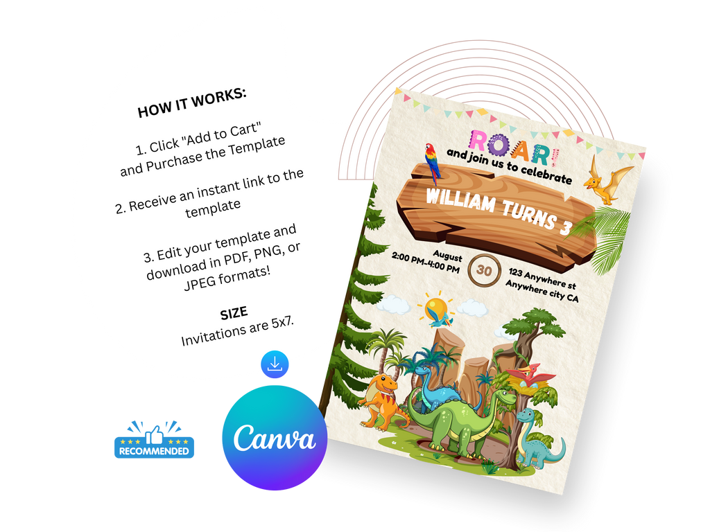 Children's birthday party invitation with dinosaurs and a Canva logo on a white background