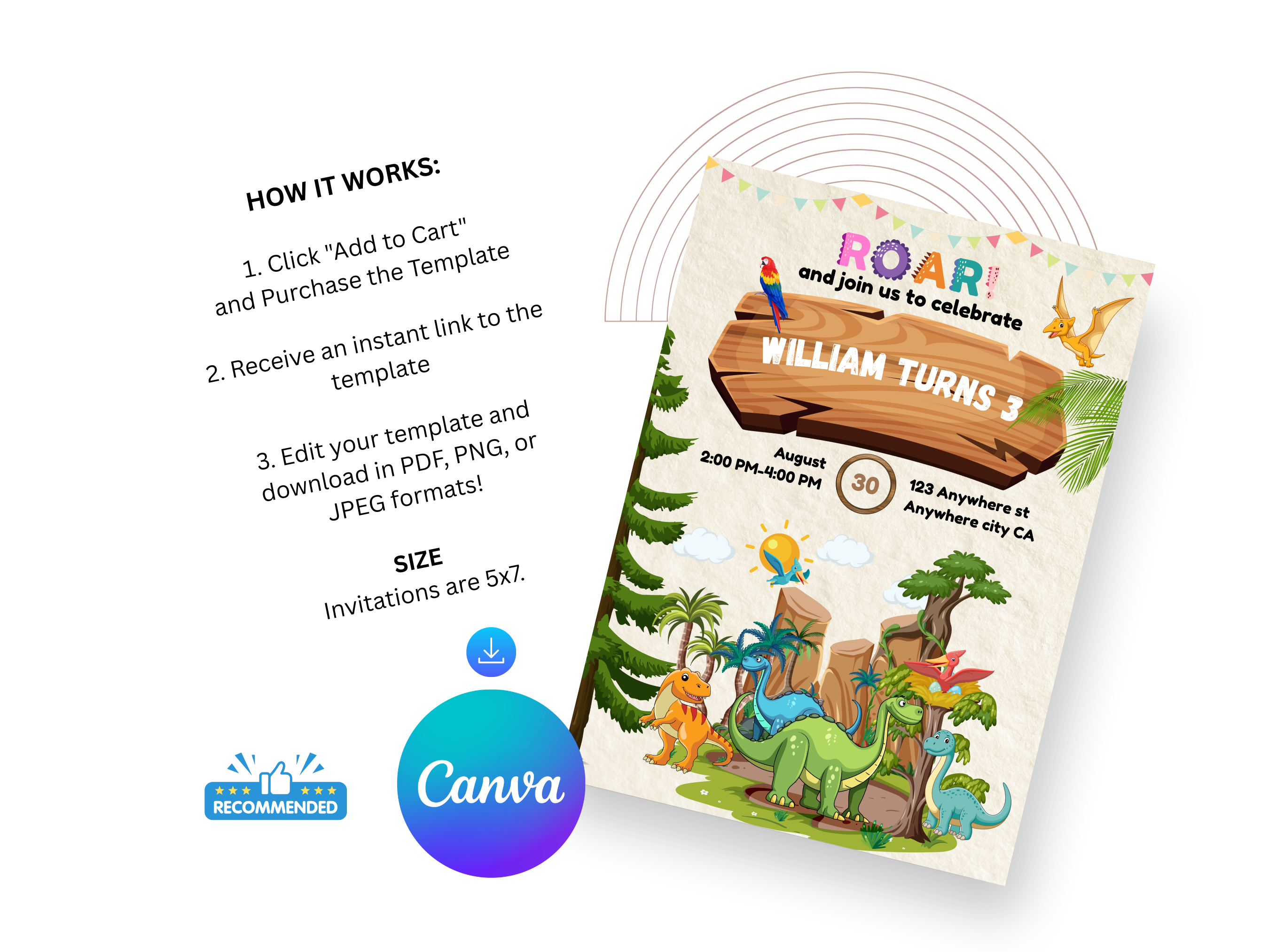 Children's birthday party invitation with dinosaurs and a Canva logo on a white background