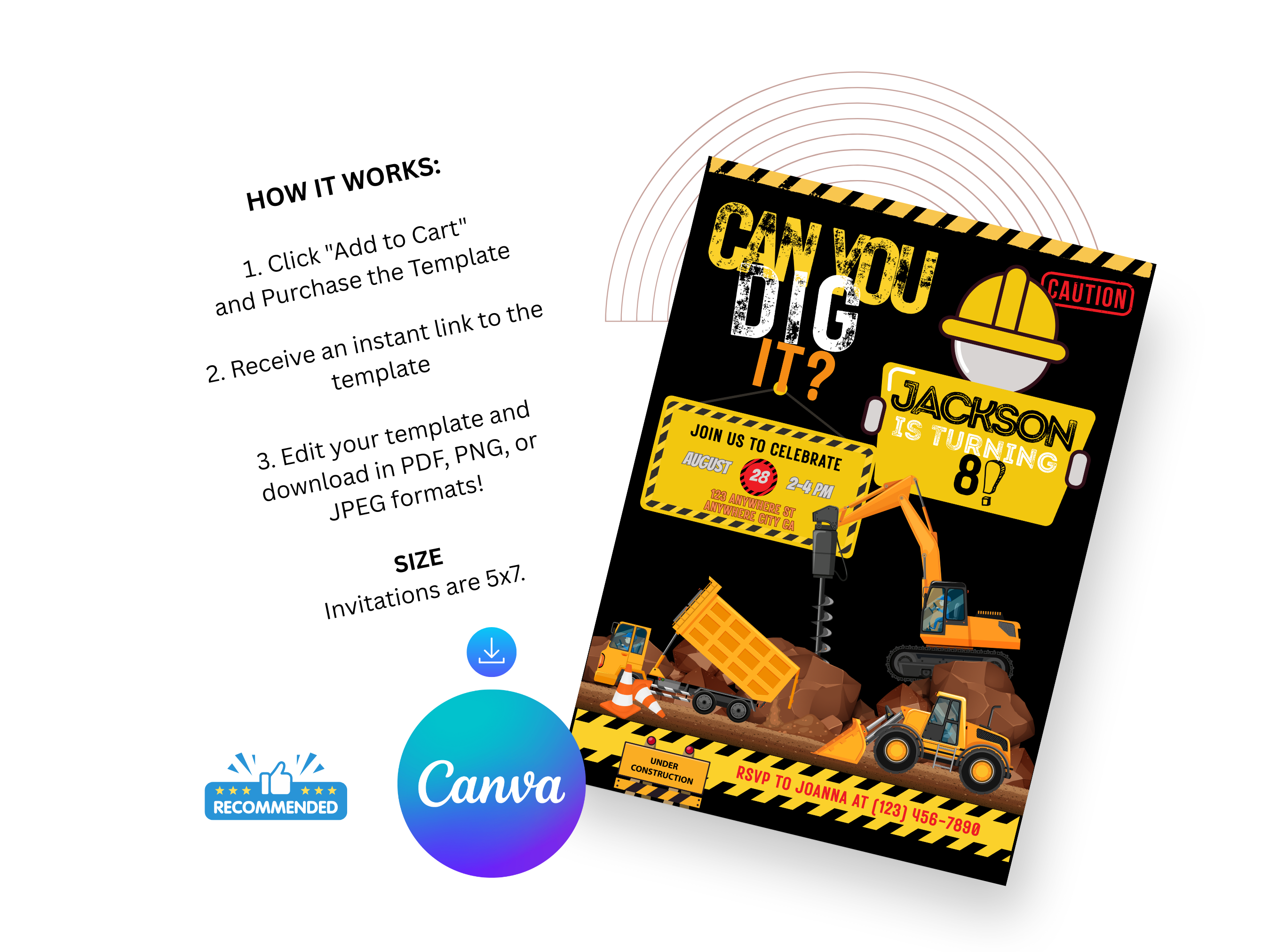 Construction-themed birthday invitation card with text and Canva logo on a white background