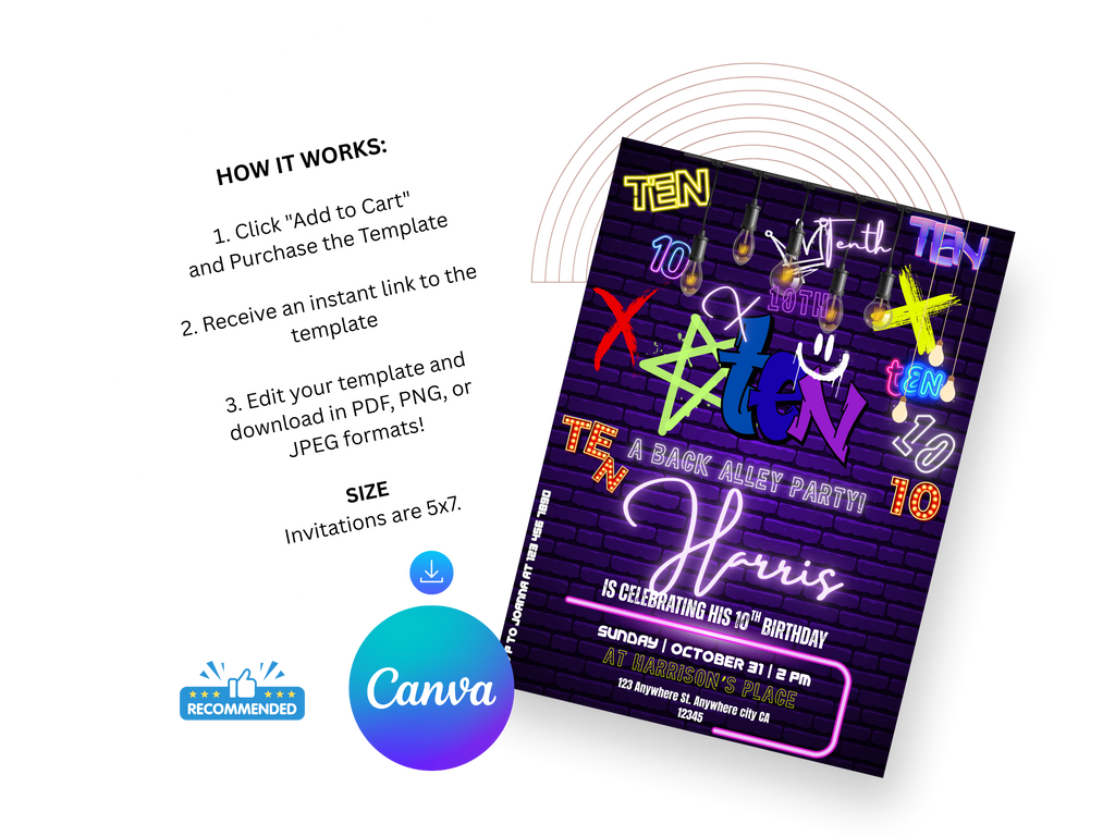 Colorful birthday invitation card with text and Canva logo on a white background