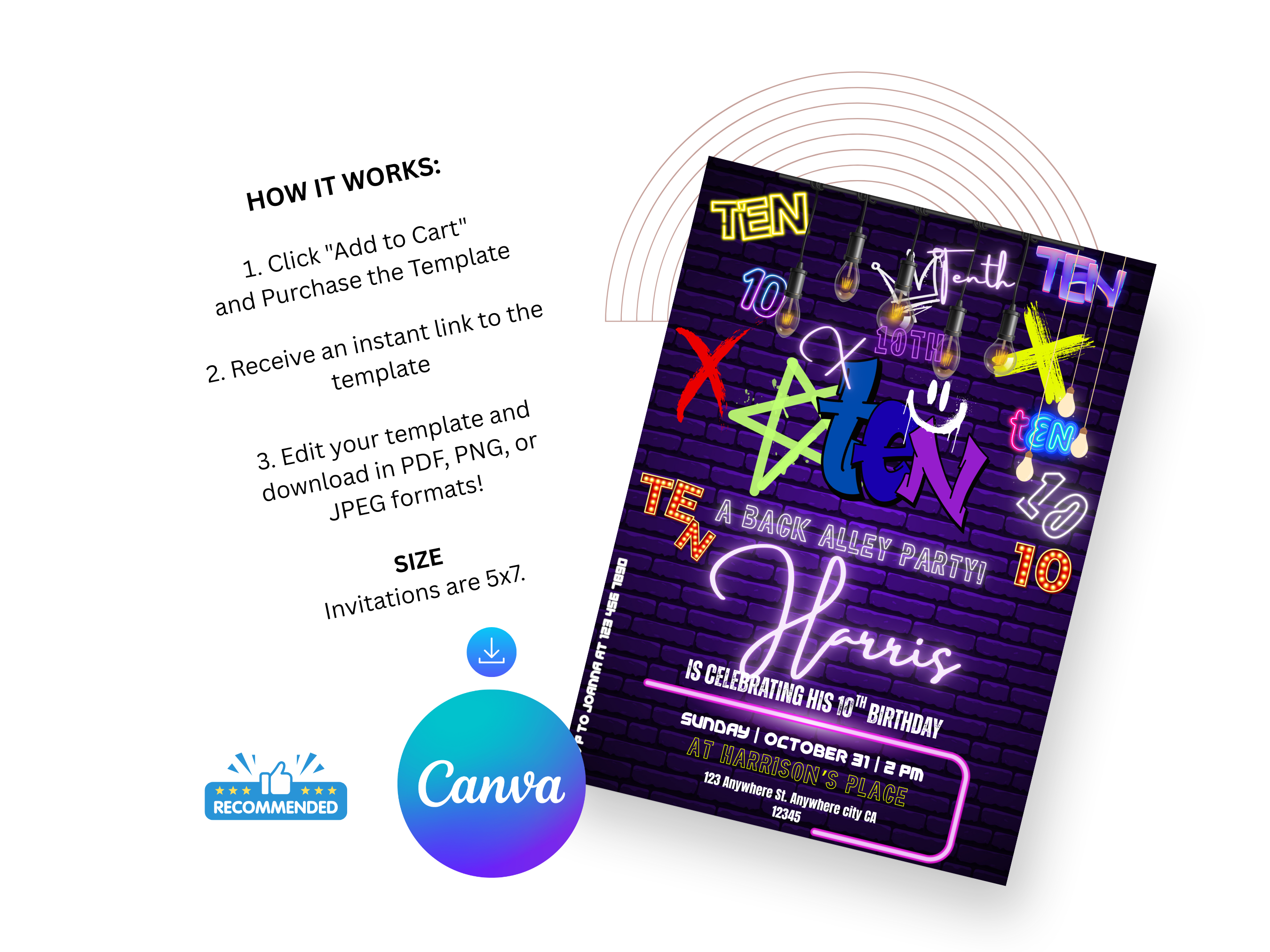 Colorful birthday invitation card with text and Canva logo on a white background