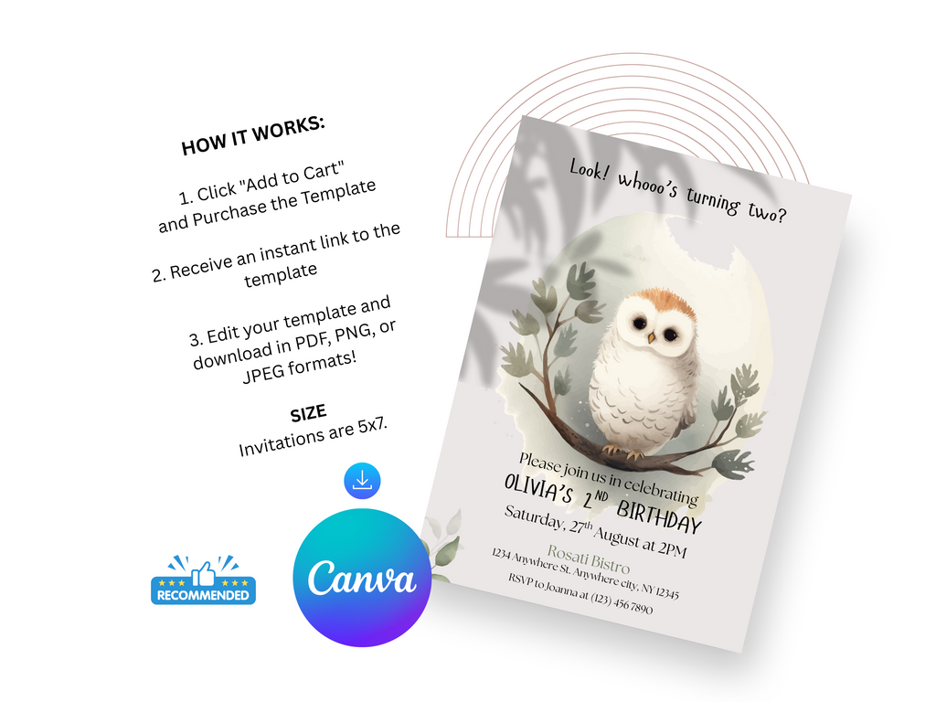 Birthday invitation card with owl design and Canva branding