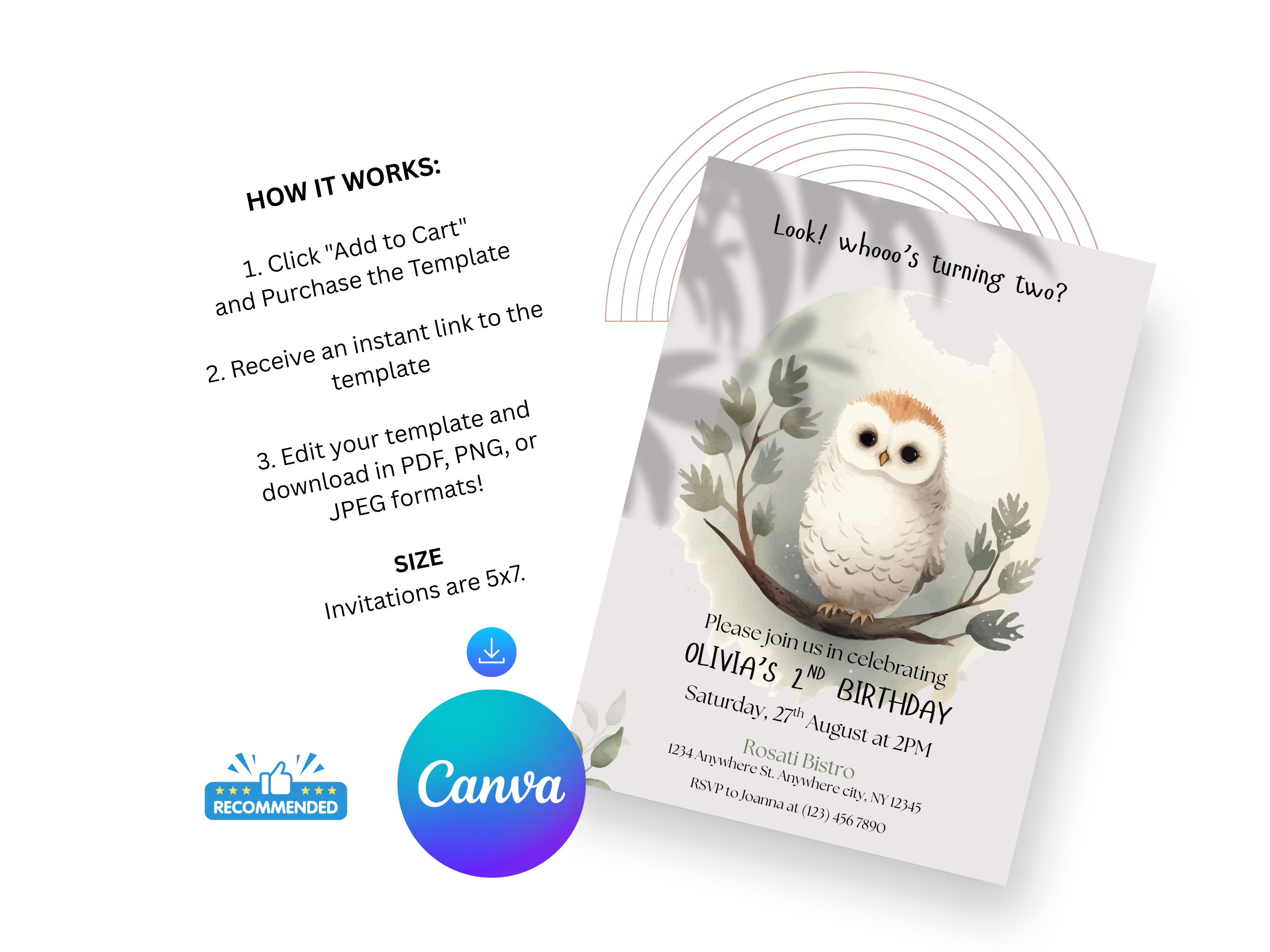Birthday invitation card with owl design and Canva branding