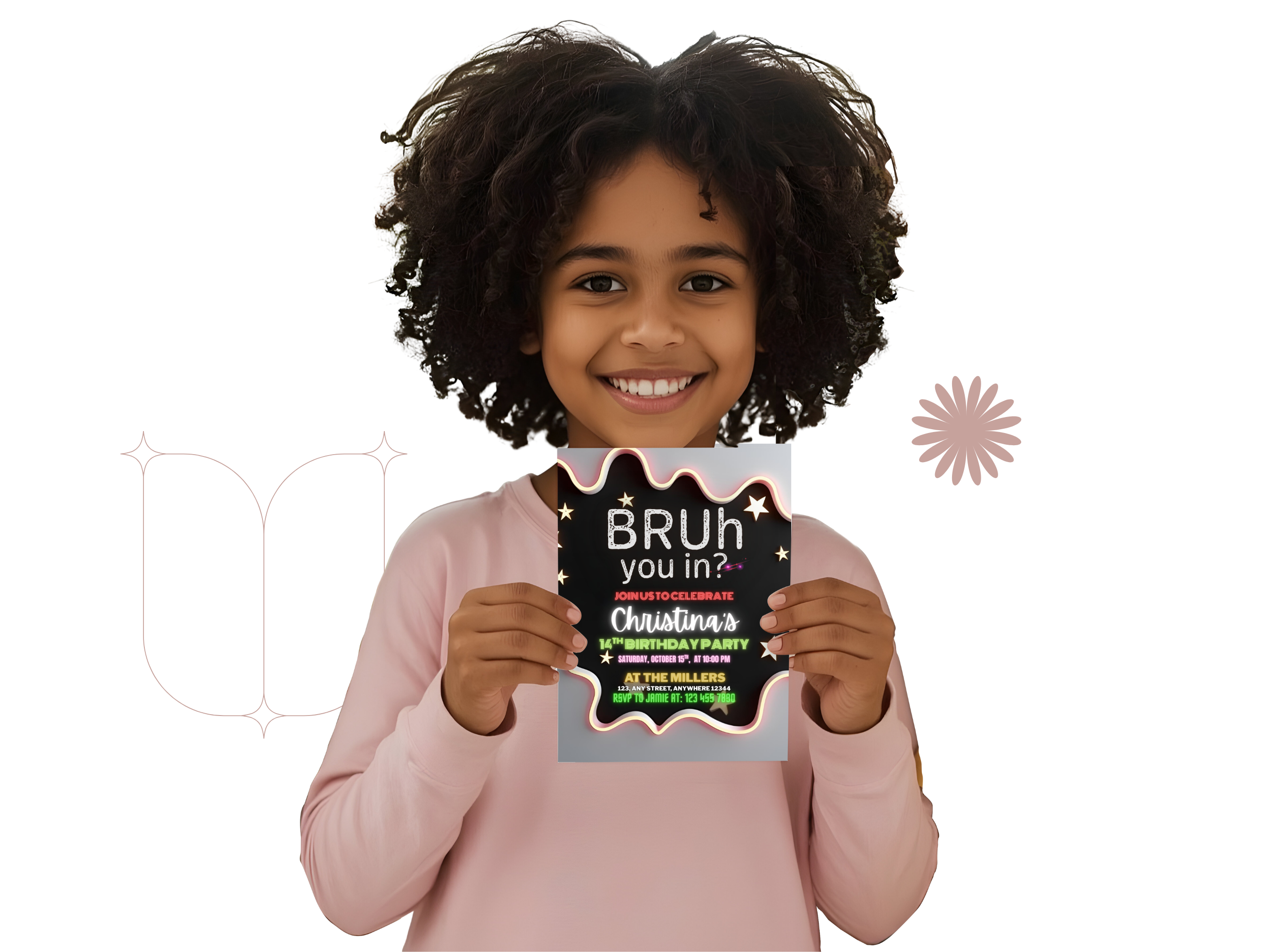 Child holding a card with text on a white background