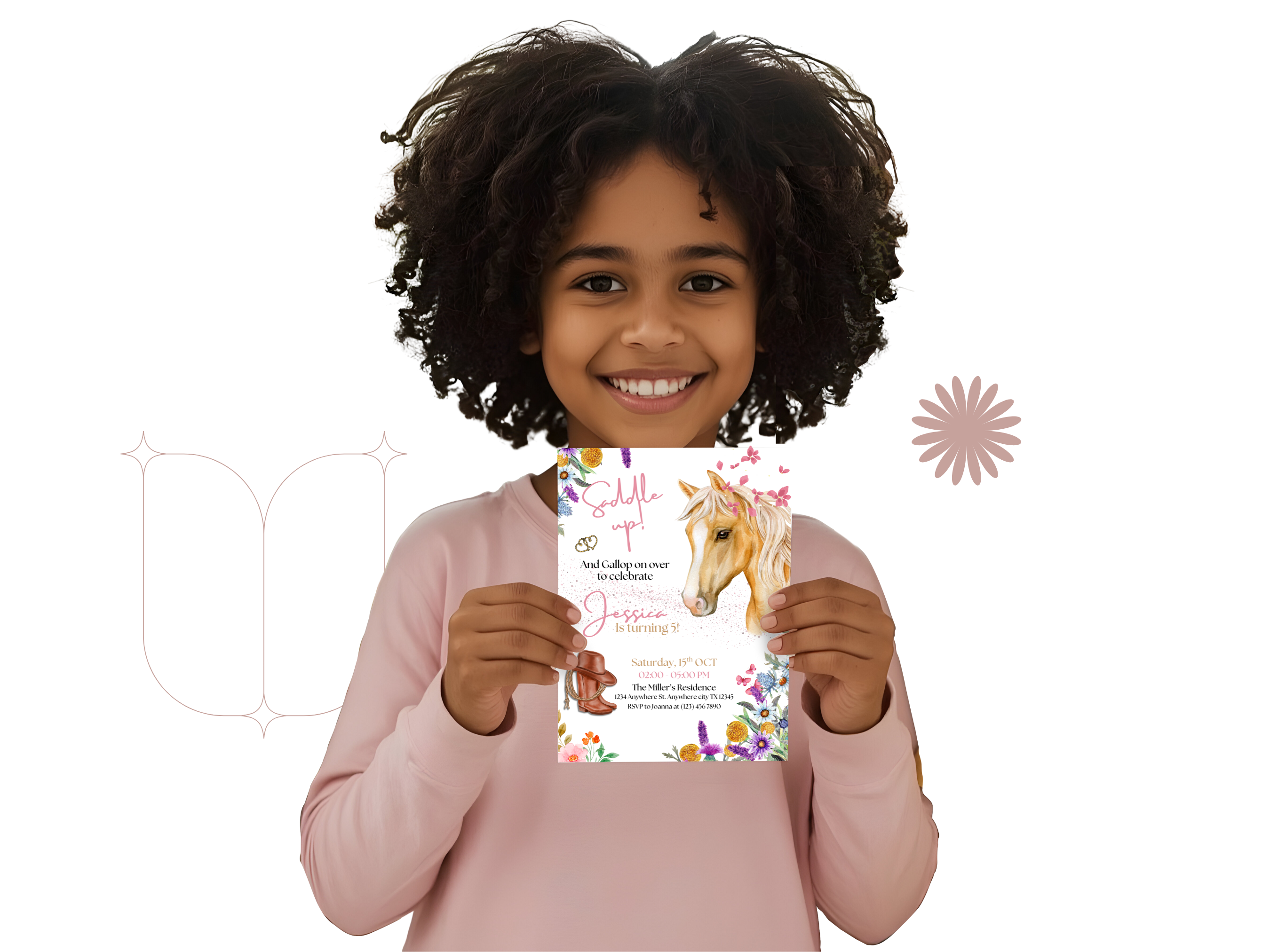 Child holding a horse-themed birthday invitation card against a white background