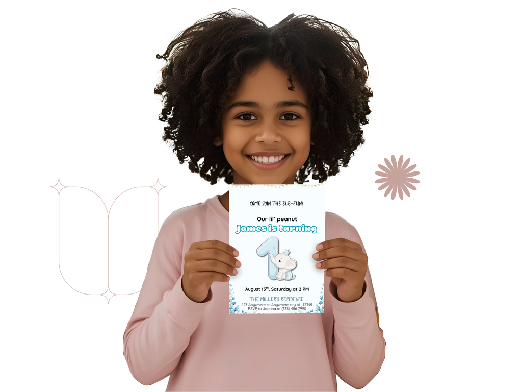 Child holding a birthday invitation card with a white background