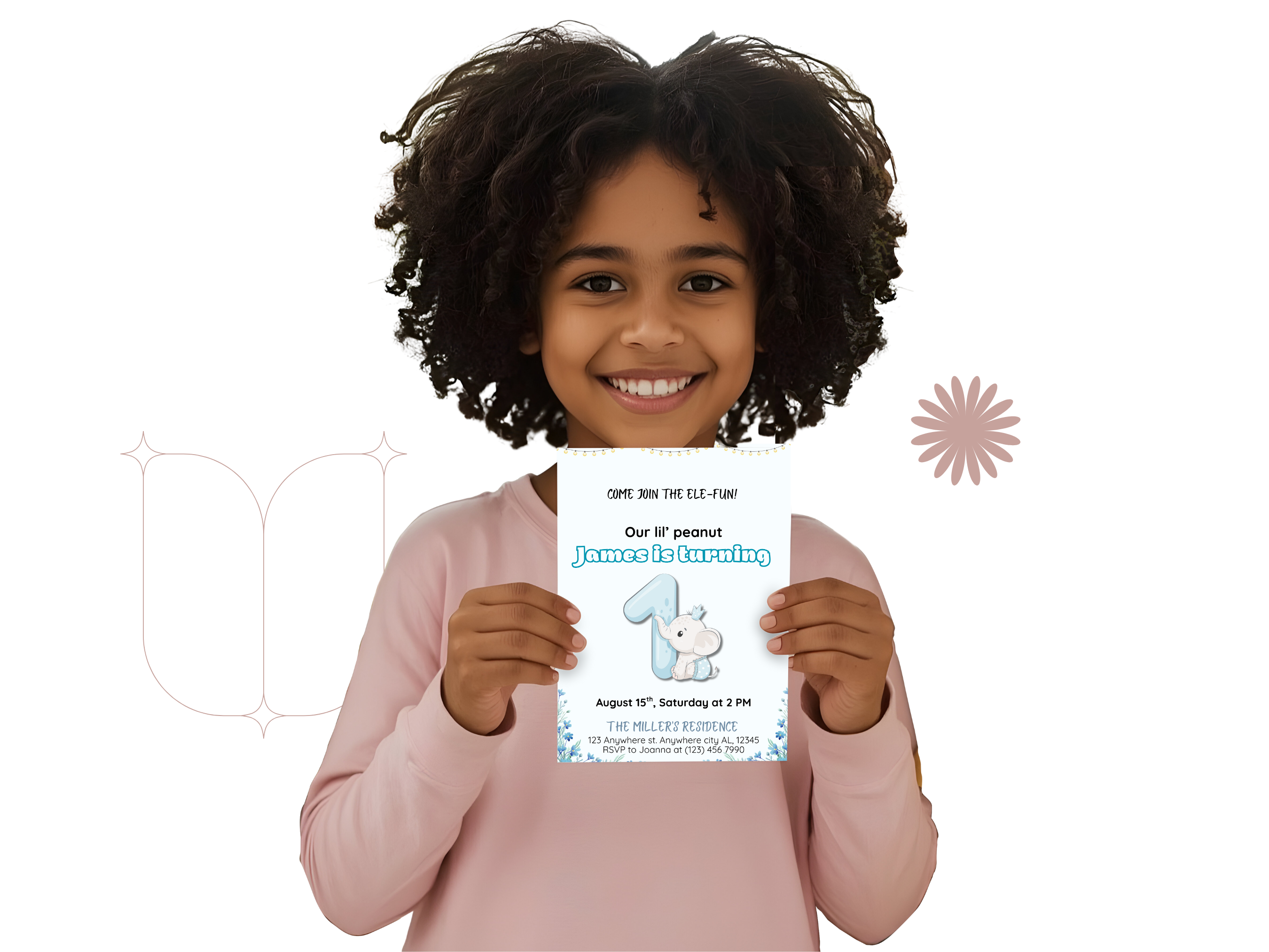 Child holding a birthday invitation card with a white background