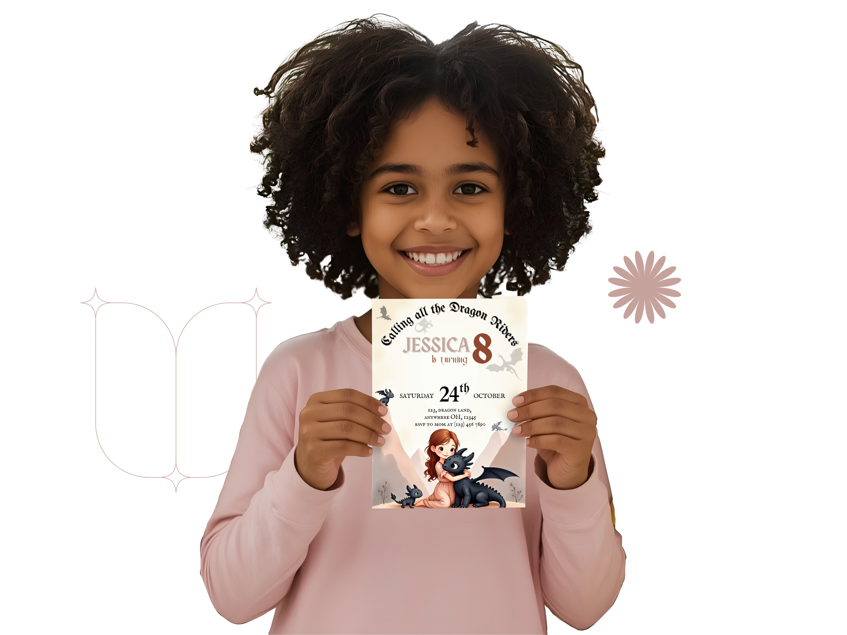 Child holding a birthday invitation card with a dragon design on a white background