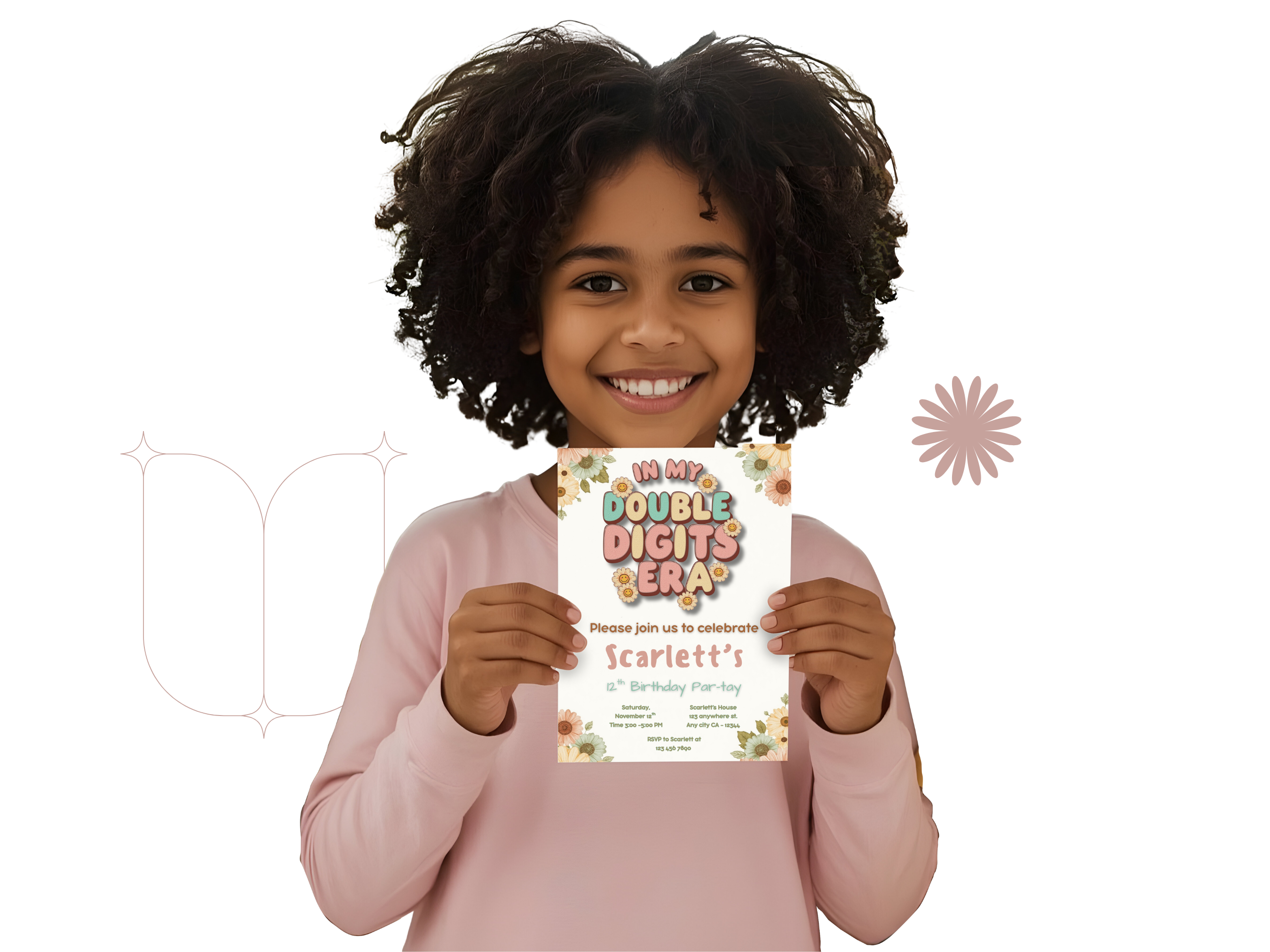 Child holding a birthday invitation card with a white background
