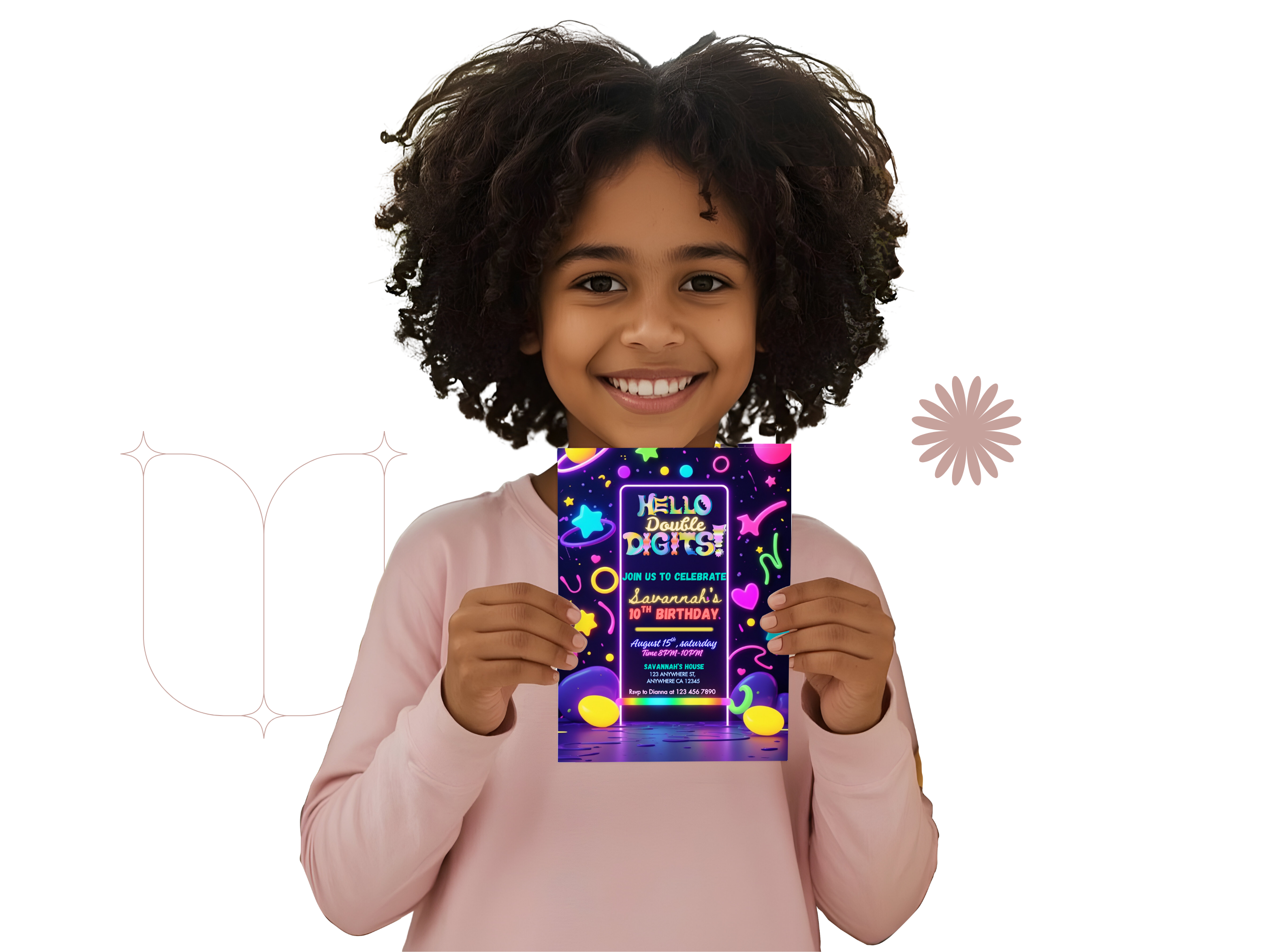 Child holding a colorful birthday invitation card with a white background