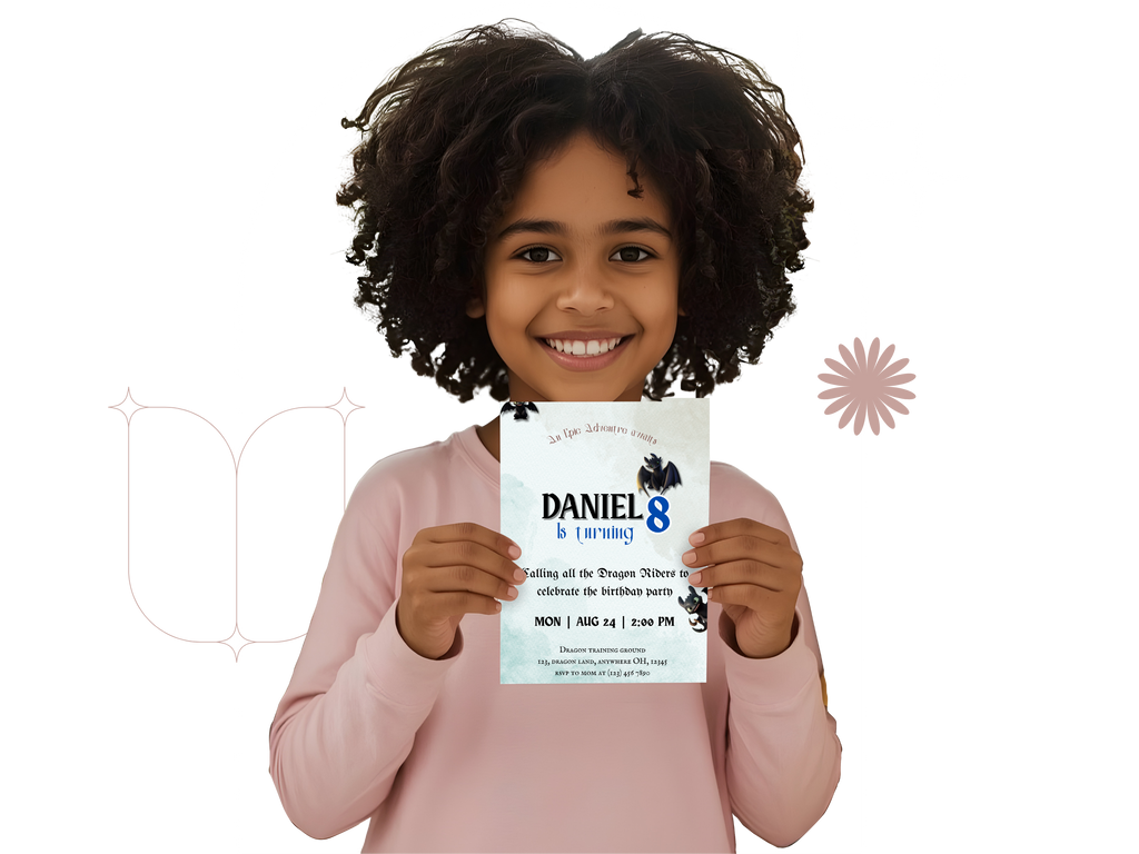 Child holding a birthday invitation card with a white background