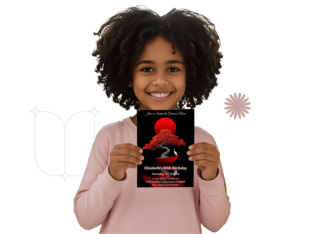 Child holding a birthday invitation card with a red tree design on a white background