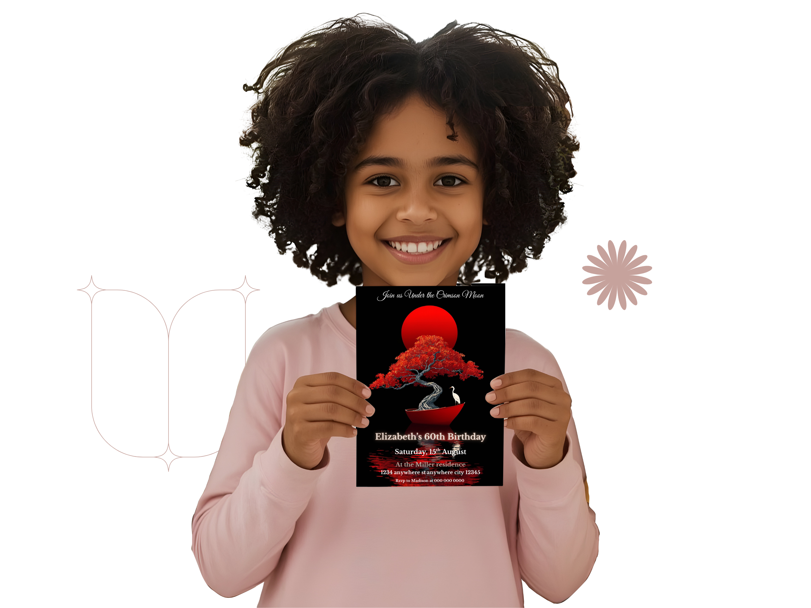 Child holding a birthday invitation card with a red tree design on a white background