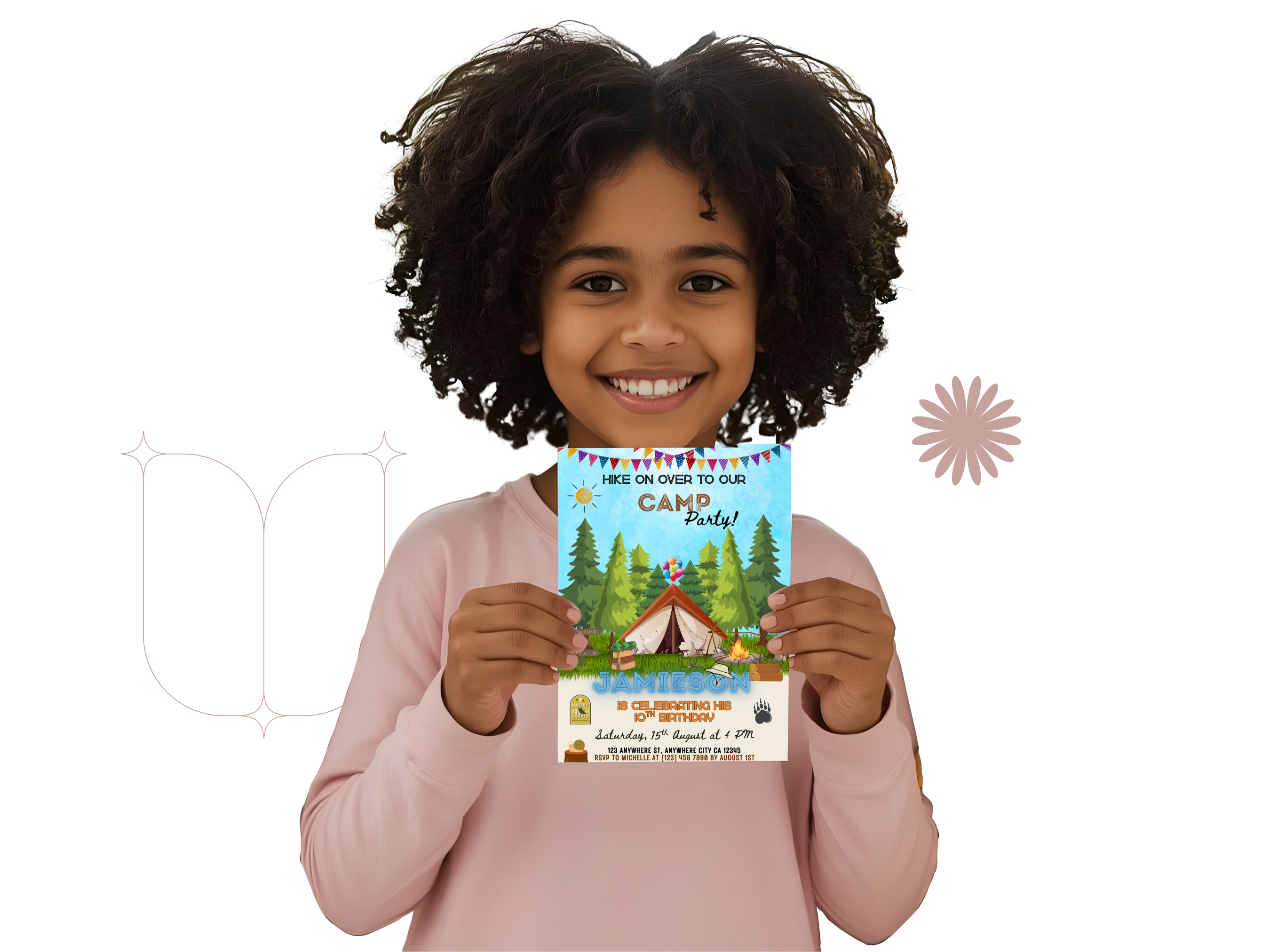 Child holding a camping-themed flyer with a white background