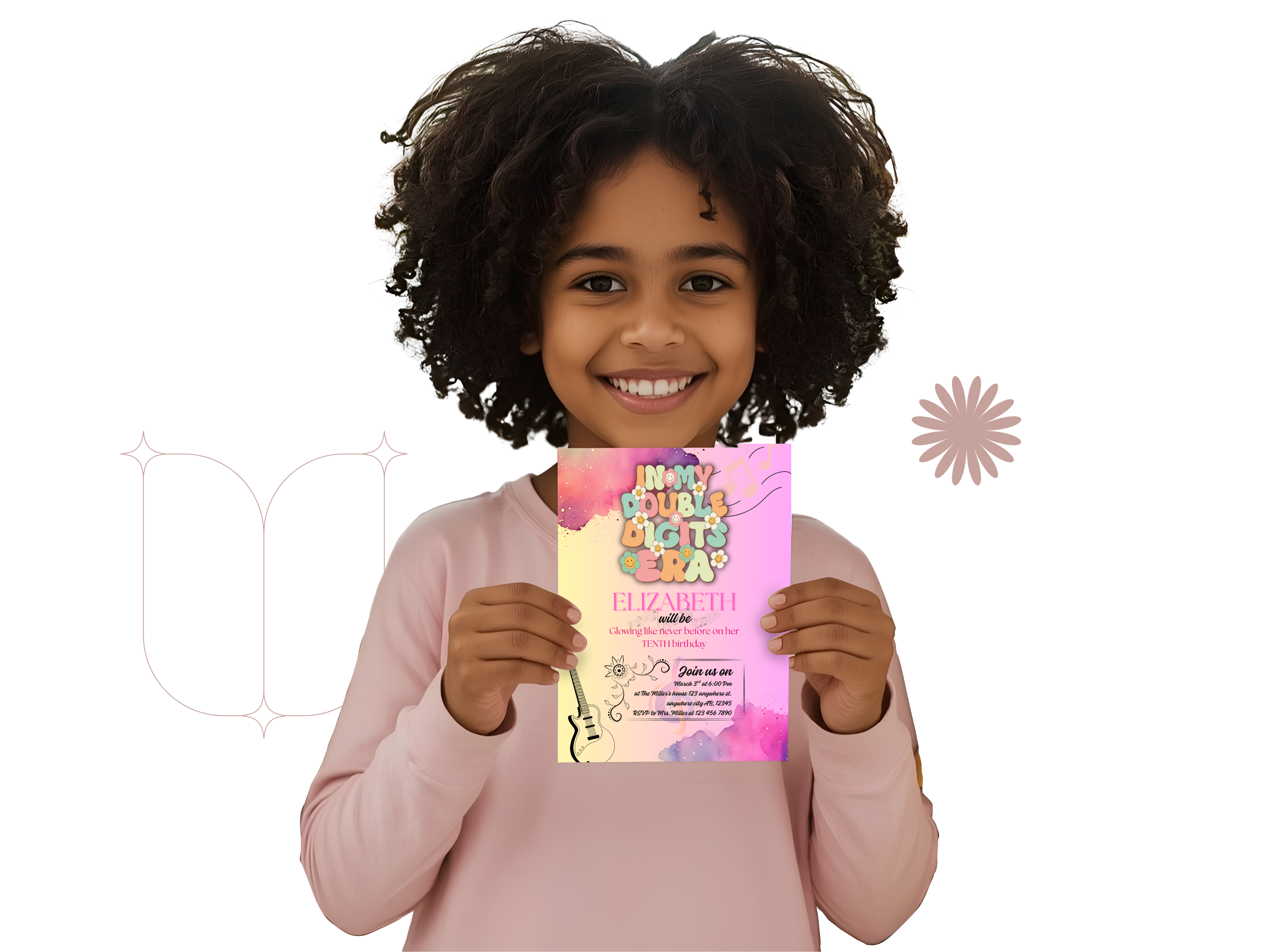 Child holding a colorful card with text on a white background