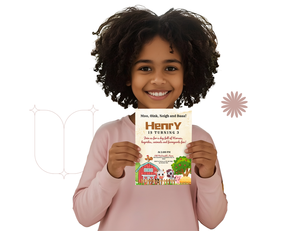 Child holding a book titled 'Henry is Terrible' with a farm illustration on the cover.