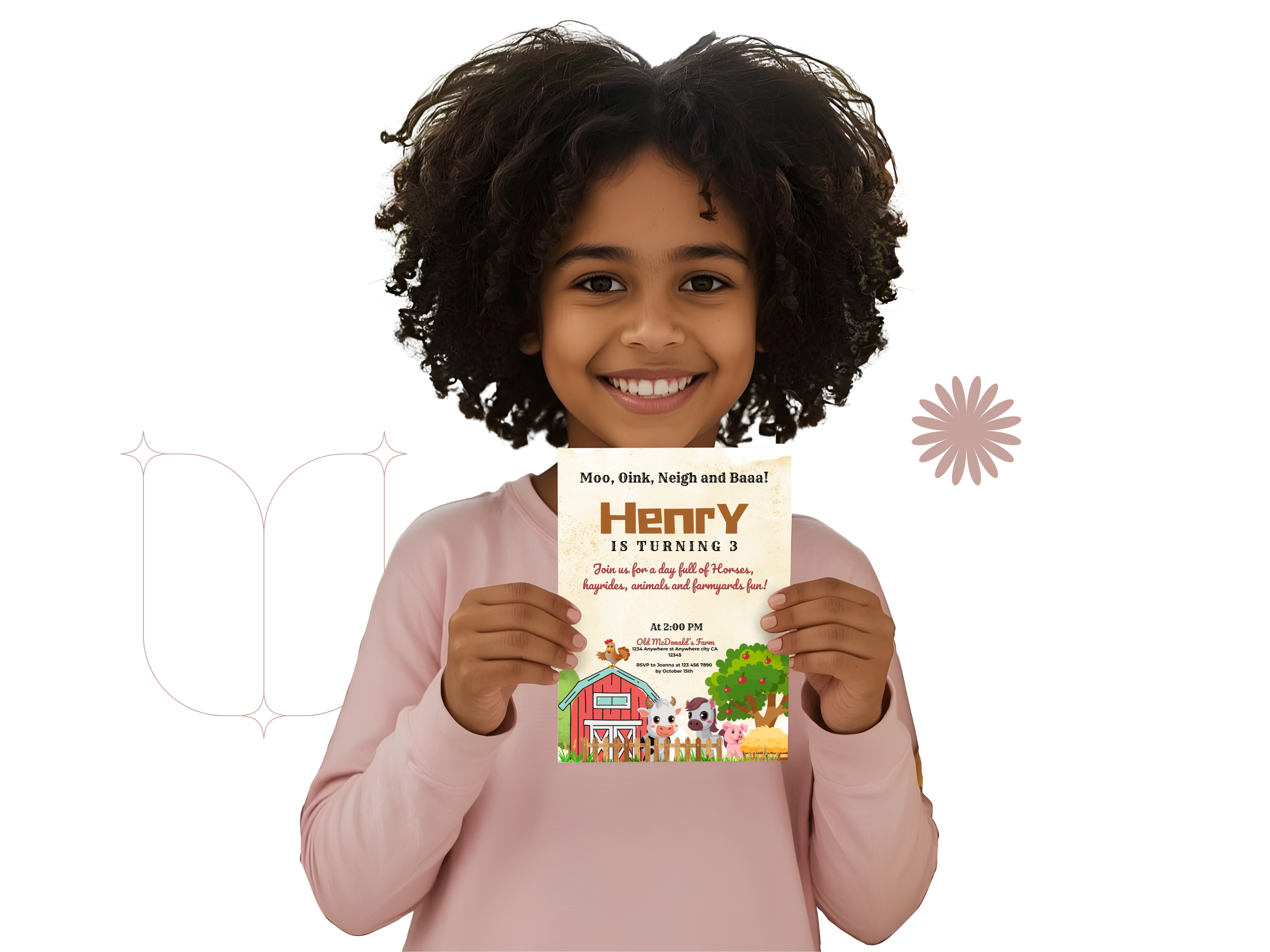 Child holding a book titled 'Henry is Terrible' with a farm illustration on the cover.