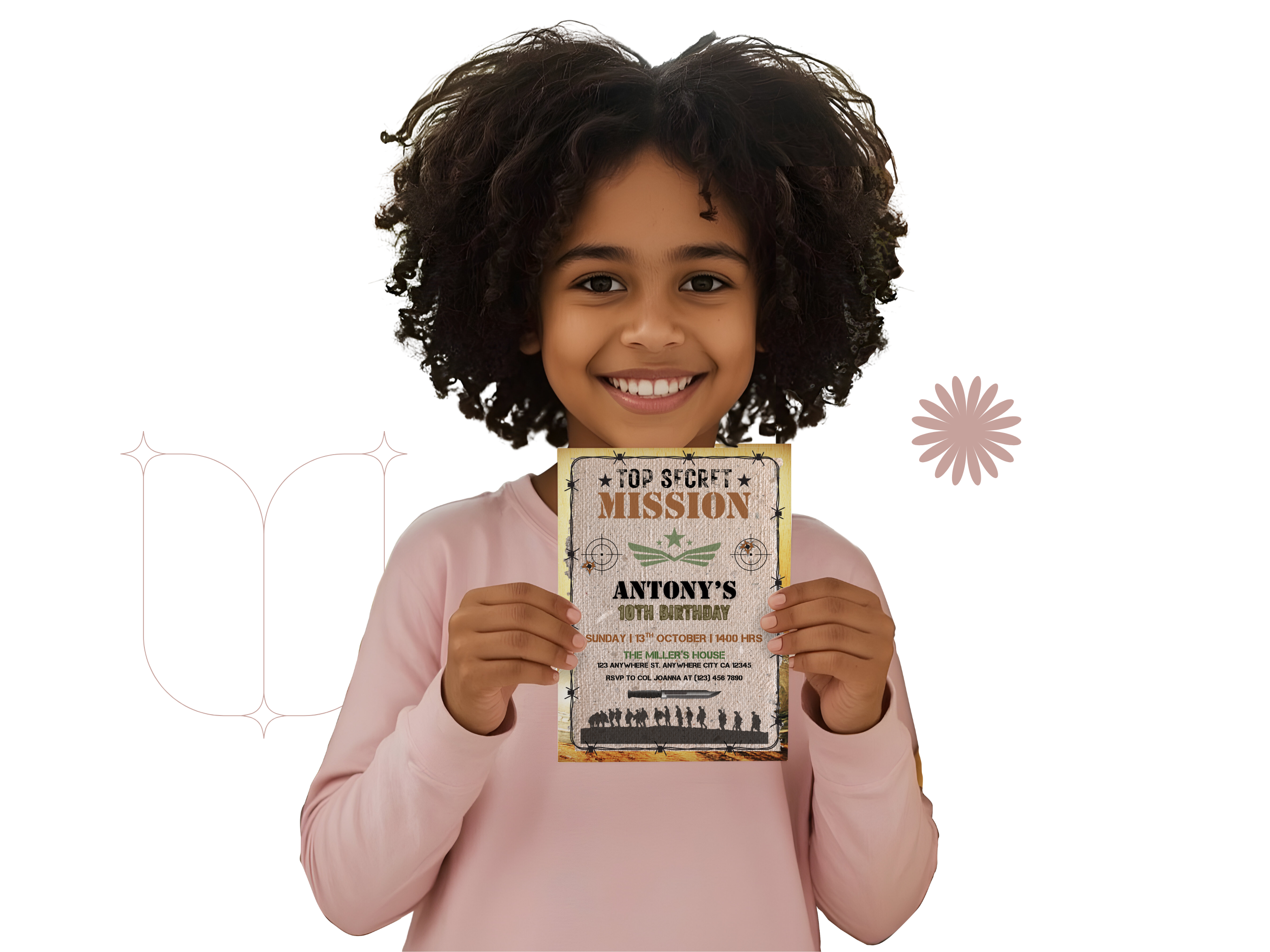 Child holding a vintage-style 'Top Secret Mission' sign with a white background