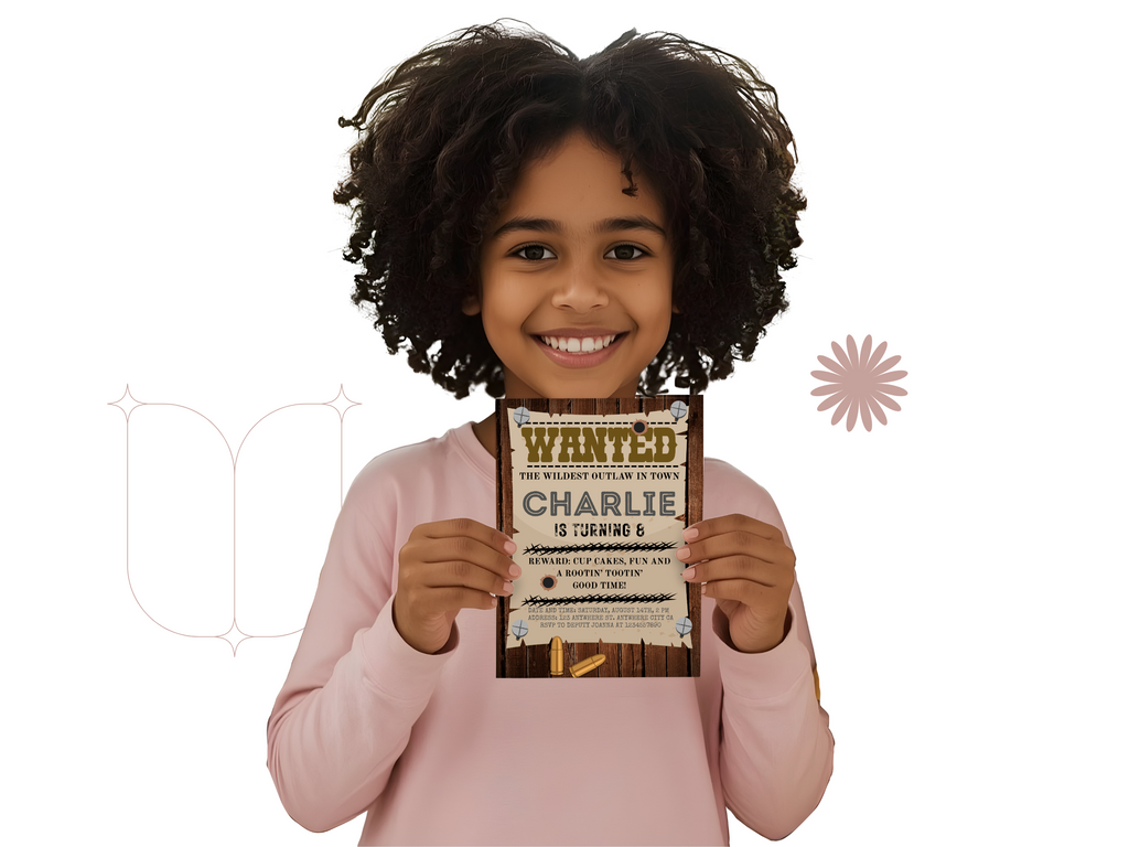 Child holding a 'Wanted' poster with text, on a white background