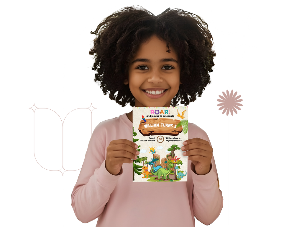 Child holding a book titled 'William Tung's Dinosaur World' with a white background