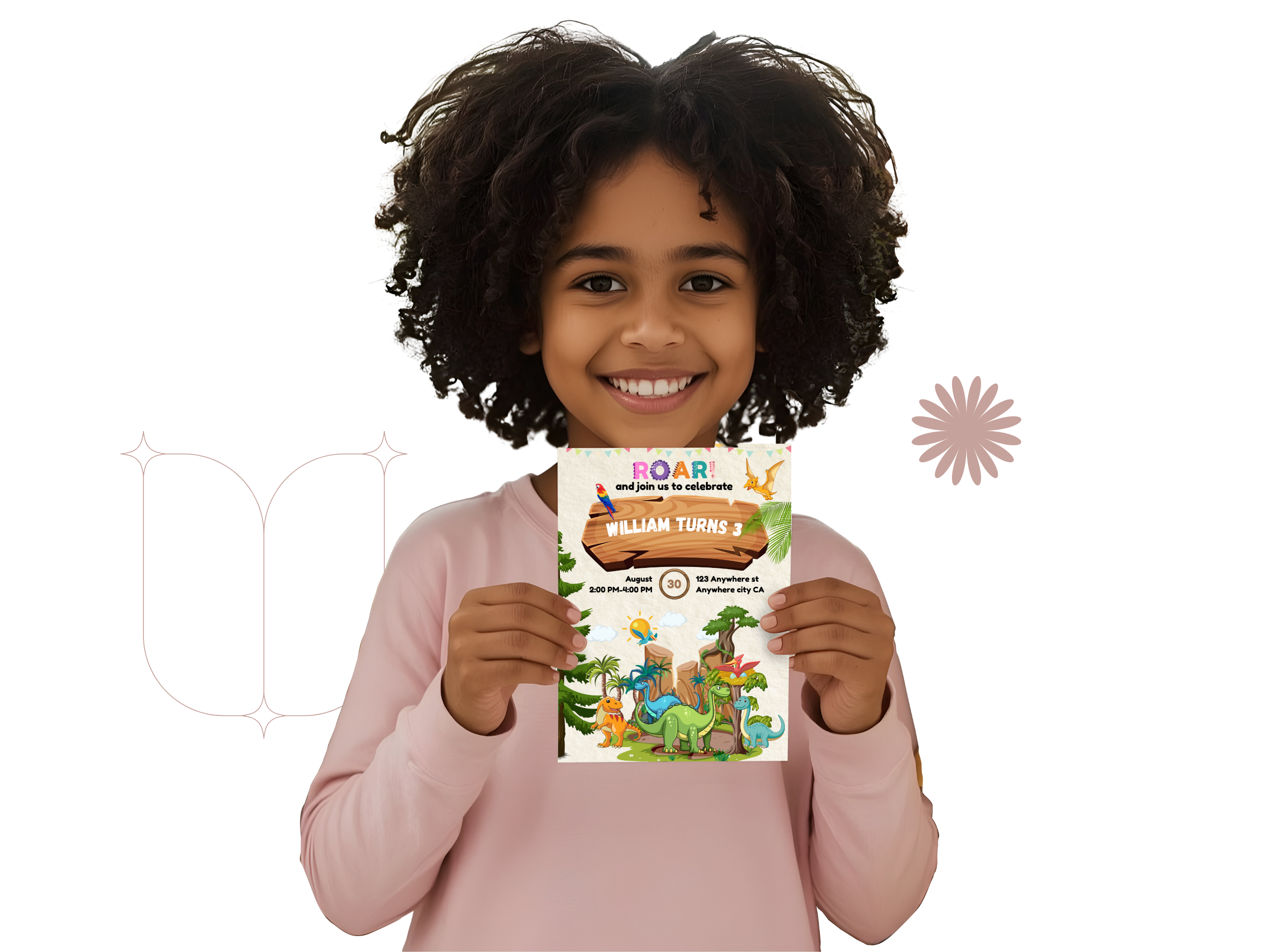 Child holding a book titled 'William Tung's Dinosaur World' with a white background