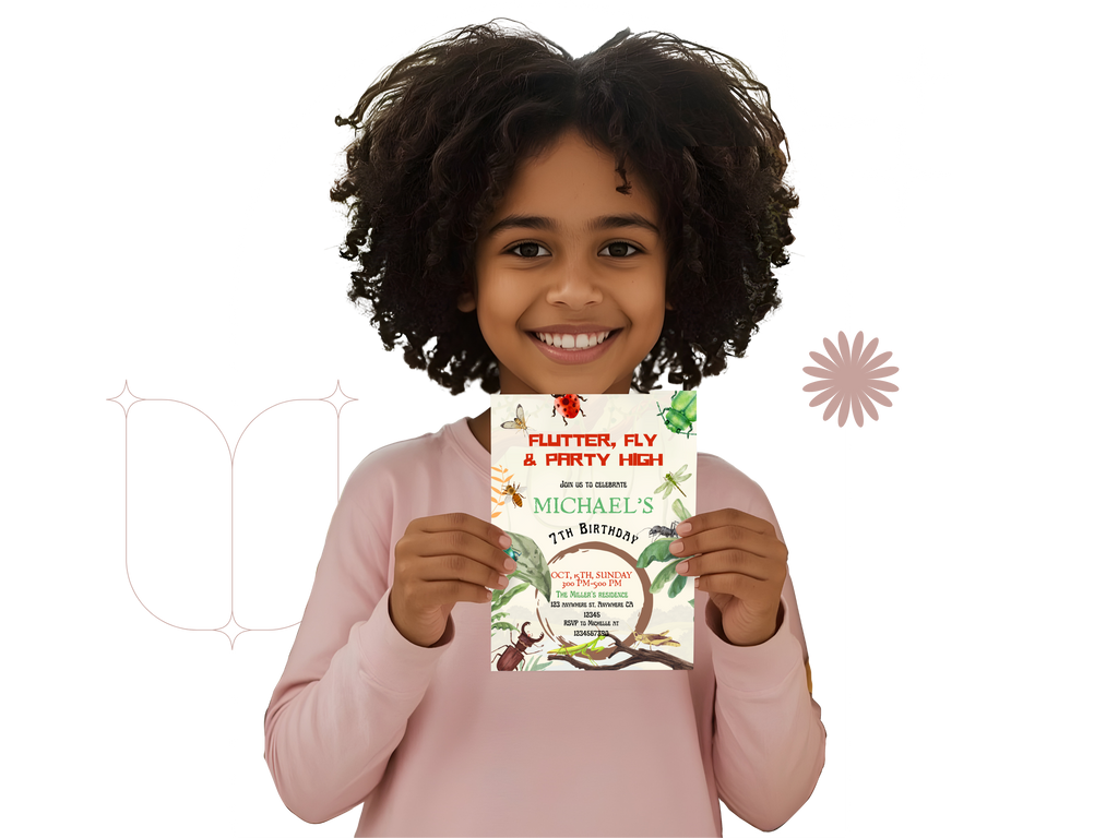 Child holding a birthday invitation card with a white background