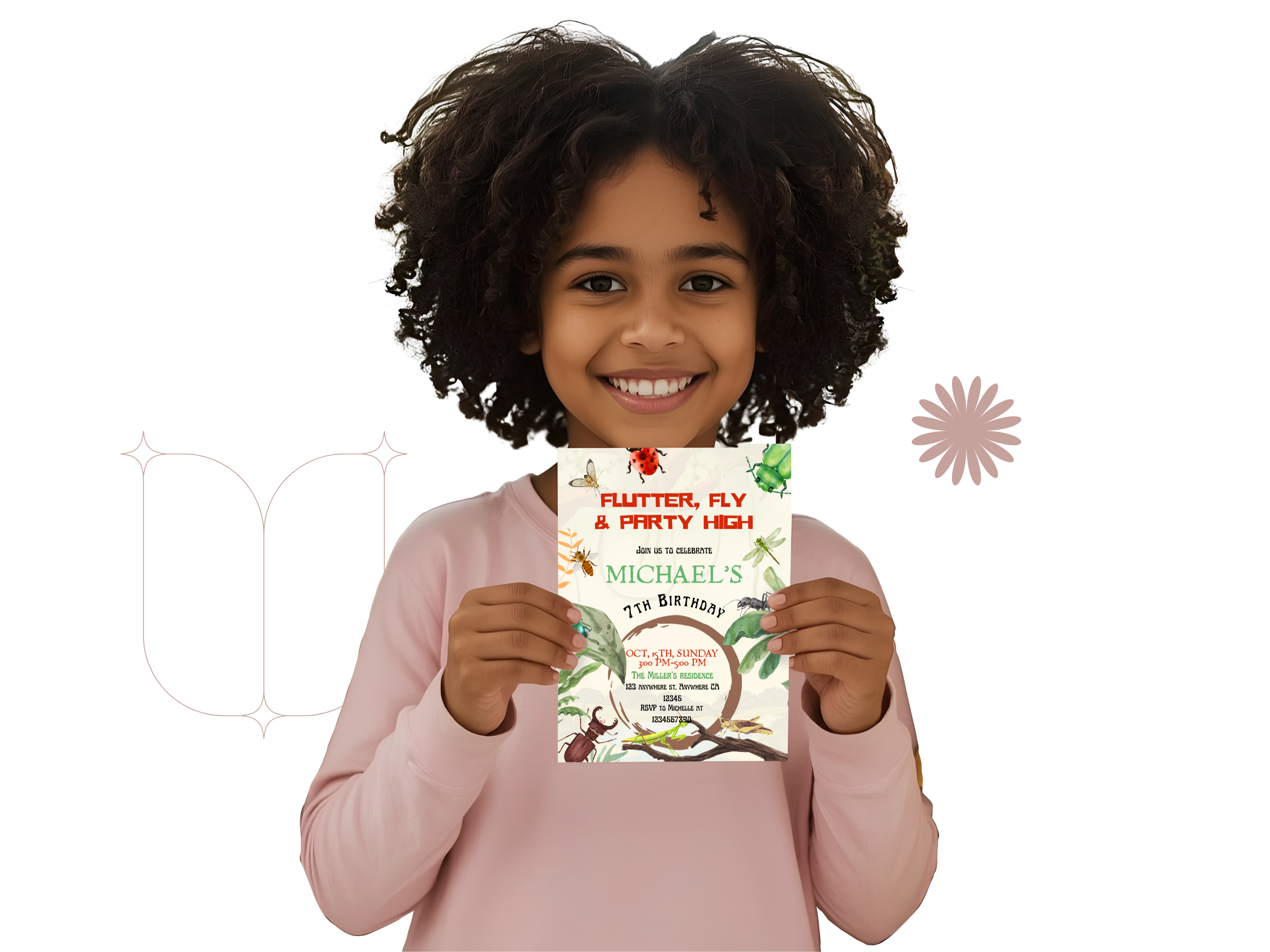 Child holding a birthday invitation card with a white background