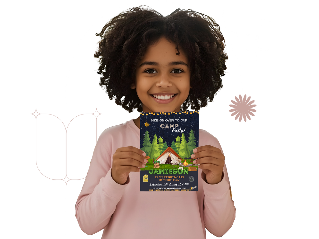 Child holding a camping party invitation against a white background