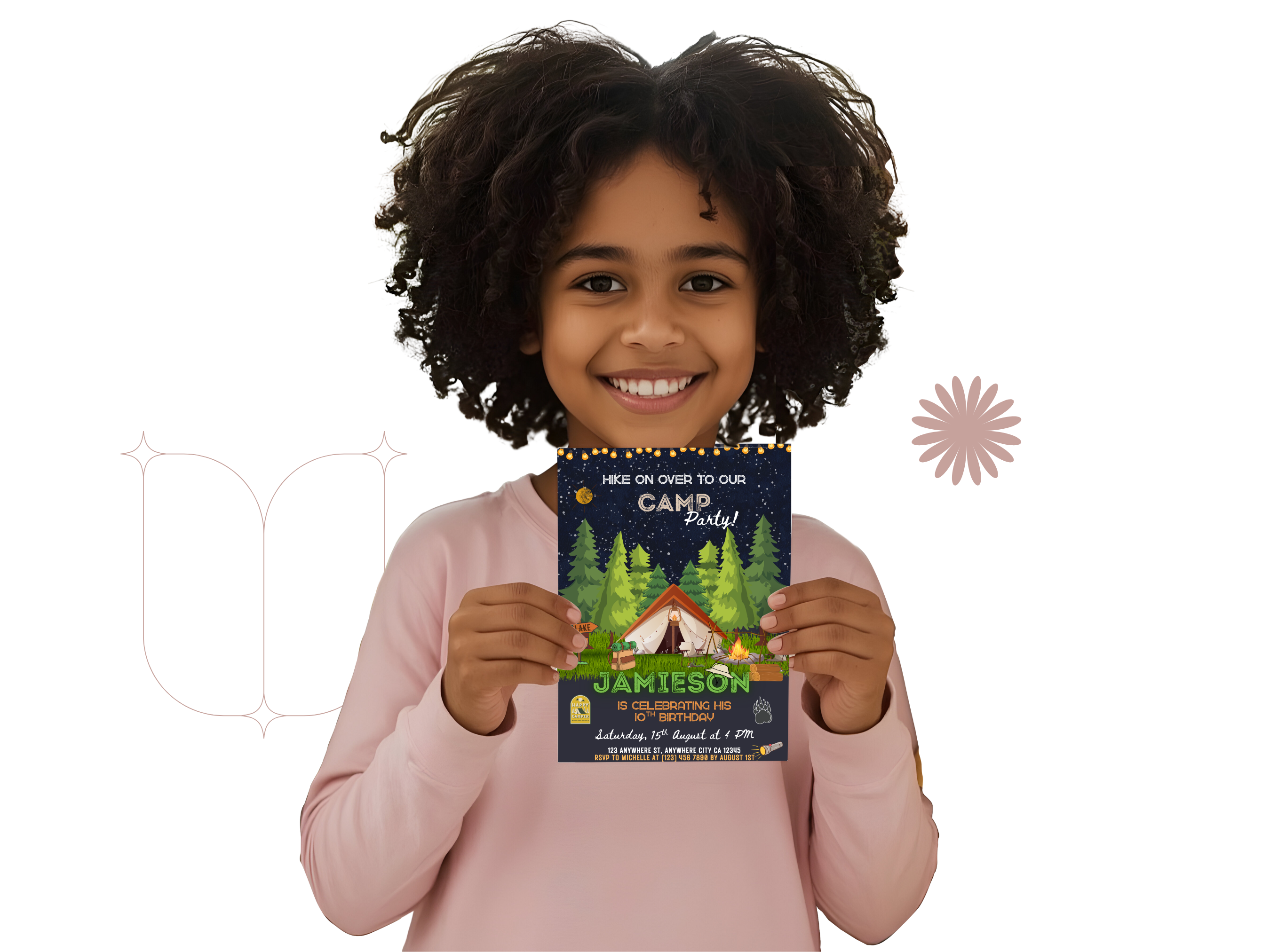 Child holding a camping party invitation against a white background