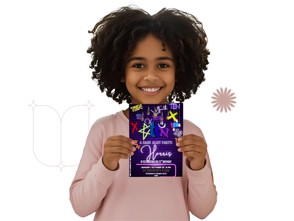 Child holding a colorful party invitation with a white background