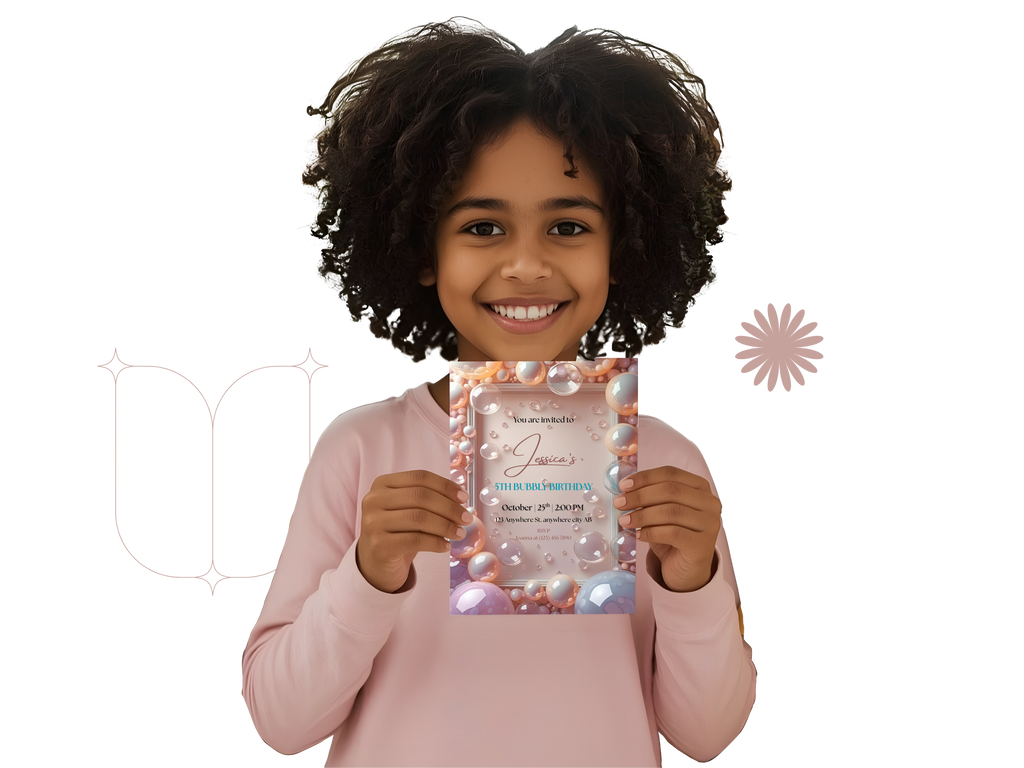 Child holding a pink birthday invitation card with decorative elements on a white background