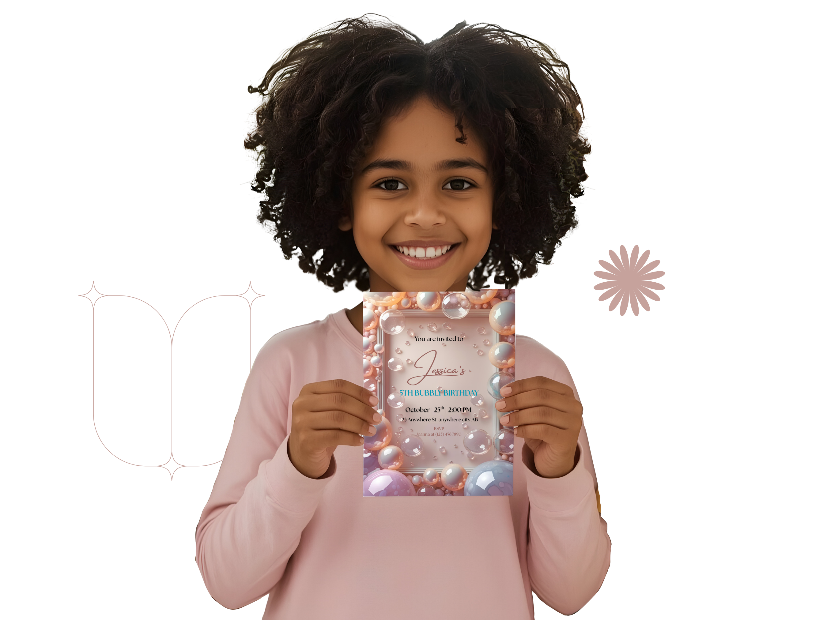 Child holding a pink birthday invitation card with decorative elements on a white background
