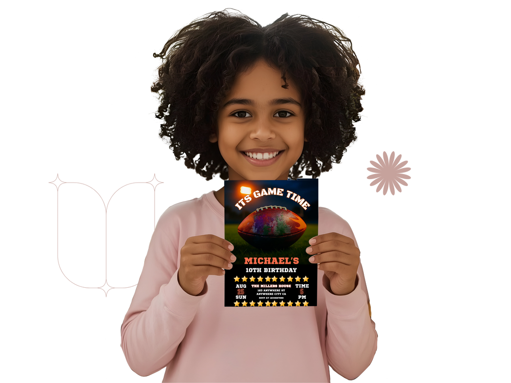 Child holding a birthday party invitation with a colorful design on a white background