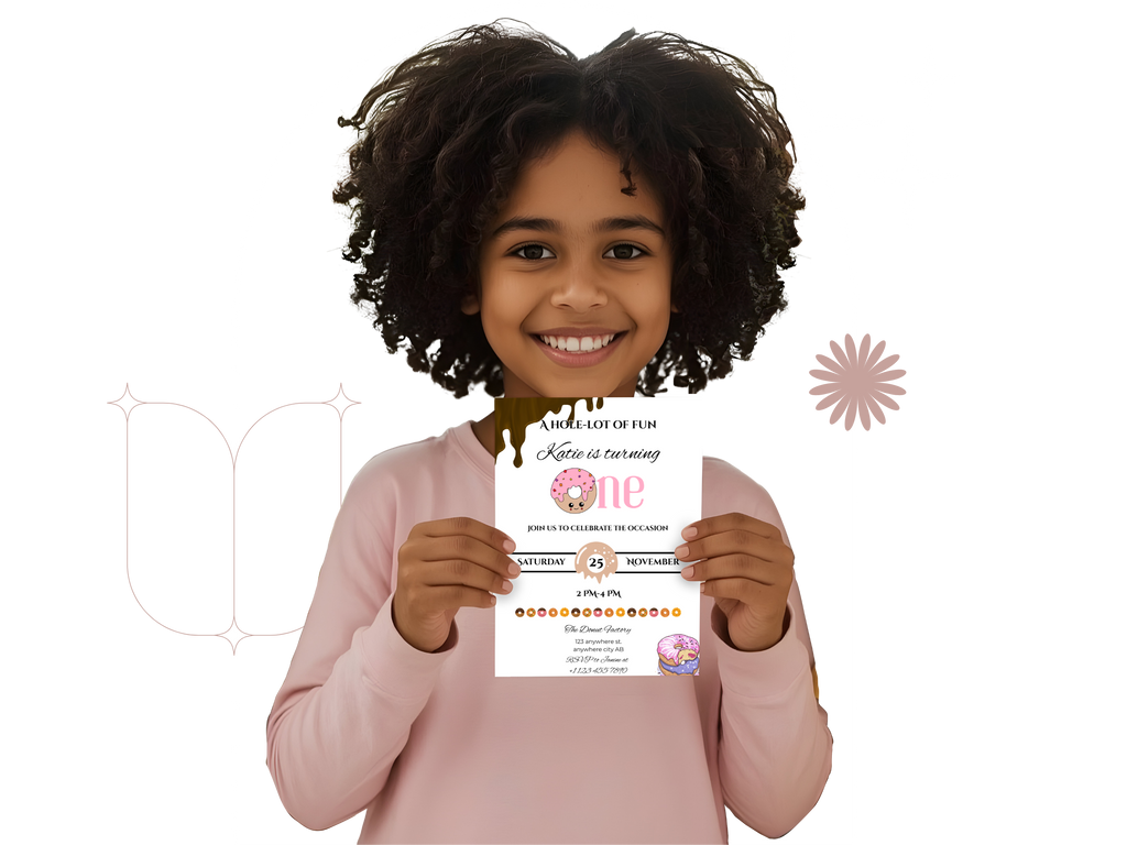 Child holding a birthday invitation card with decorative elements on a white background