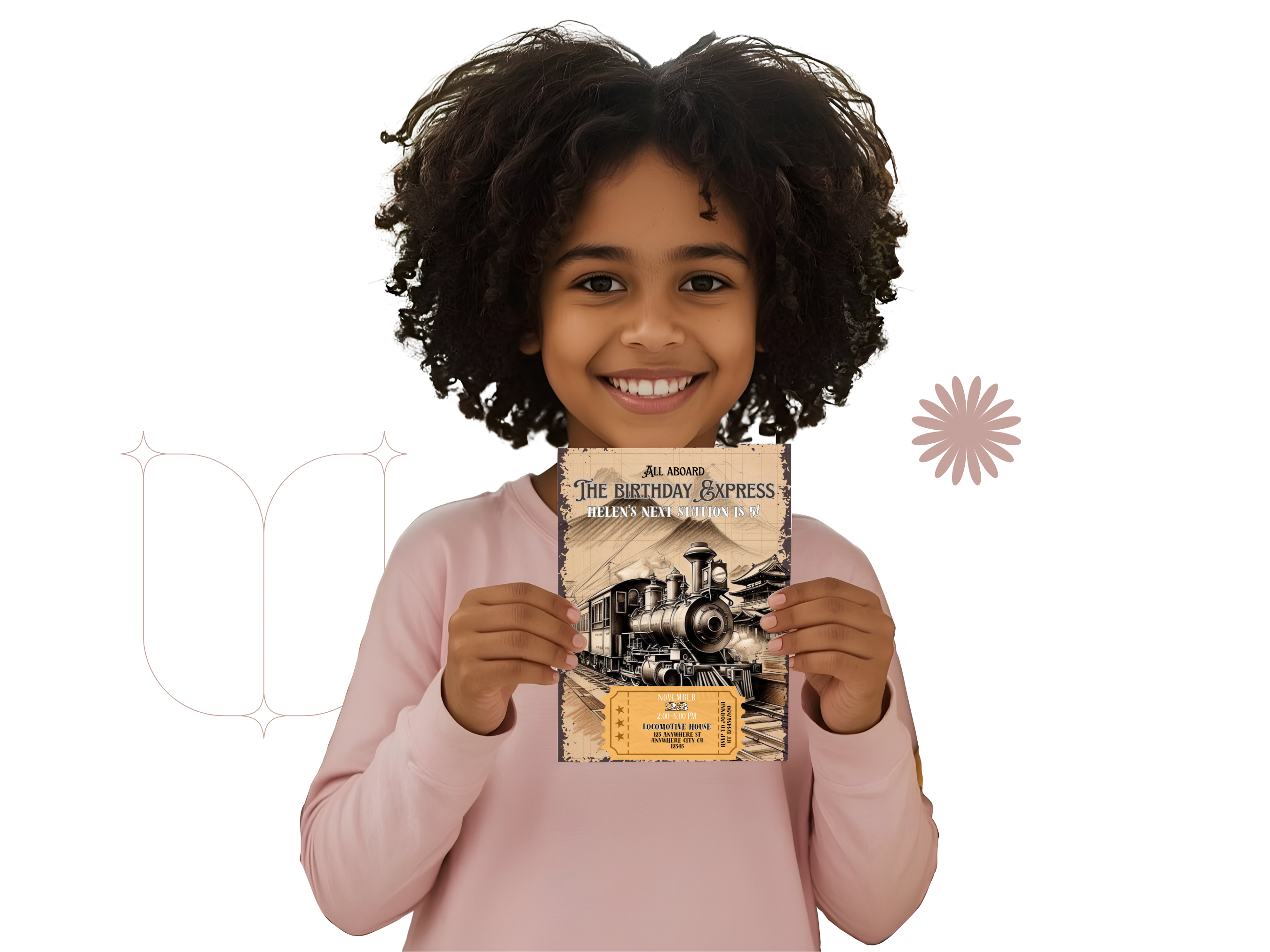 Child holding a book titled 'The Birthday Express' with a steam locomotive illustration on a white background.
