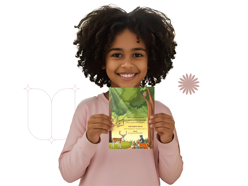 Child holding a book with a nature-themed cover on a white background