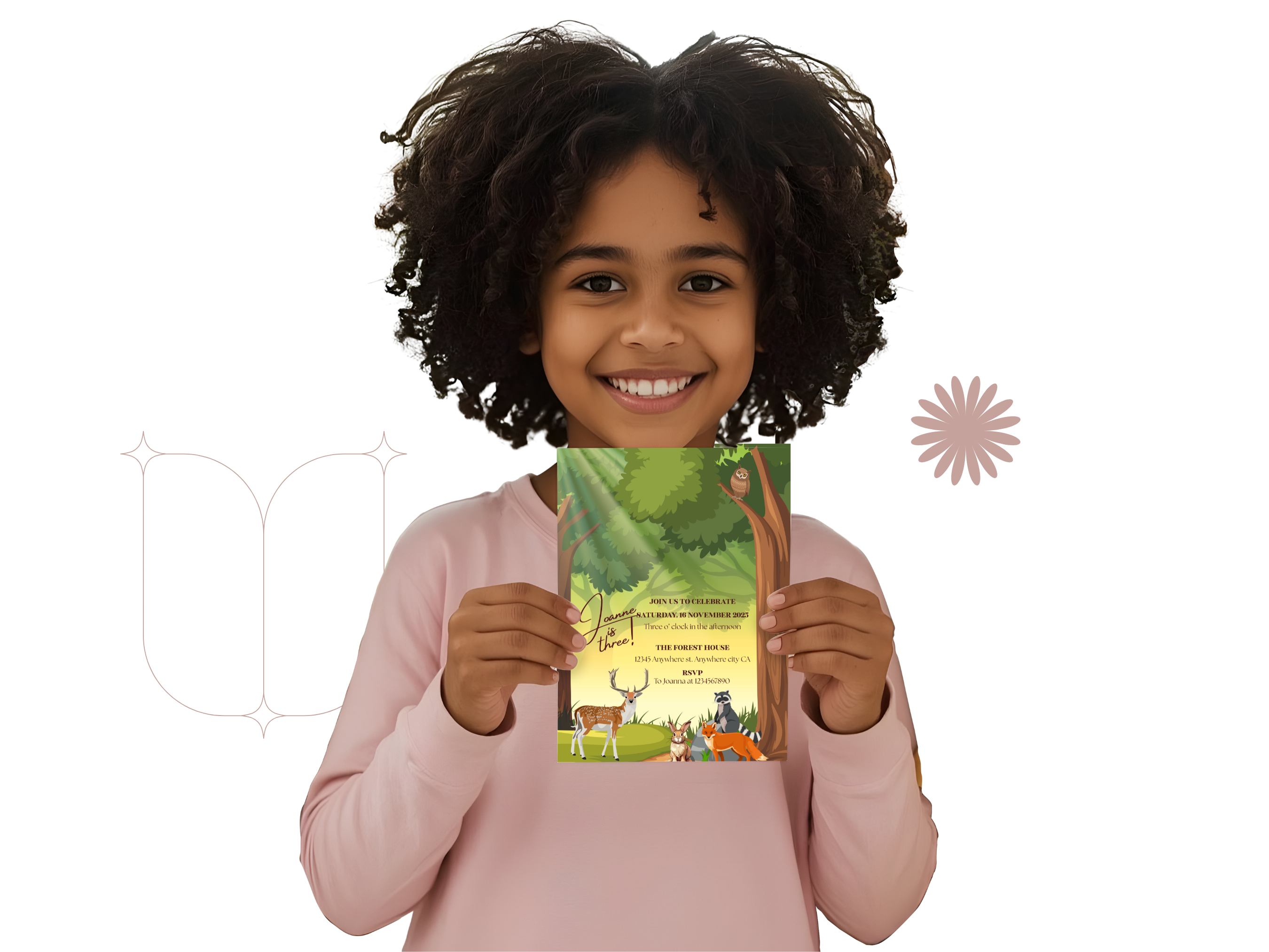 Child holding a book with a nature-themed cover on a white background