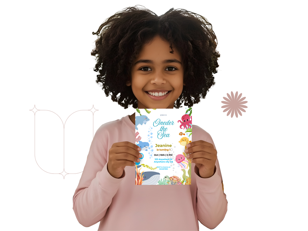Child holding a colorful under the sea invitation card on a white background
