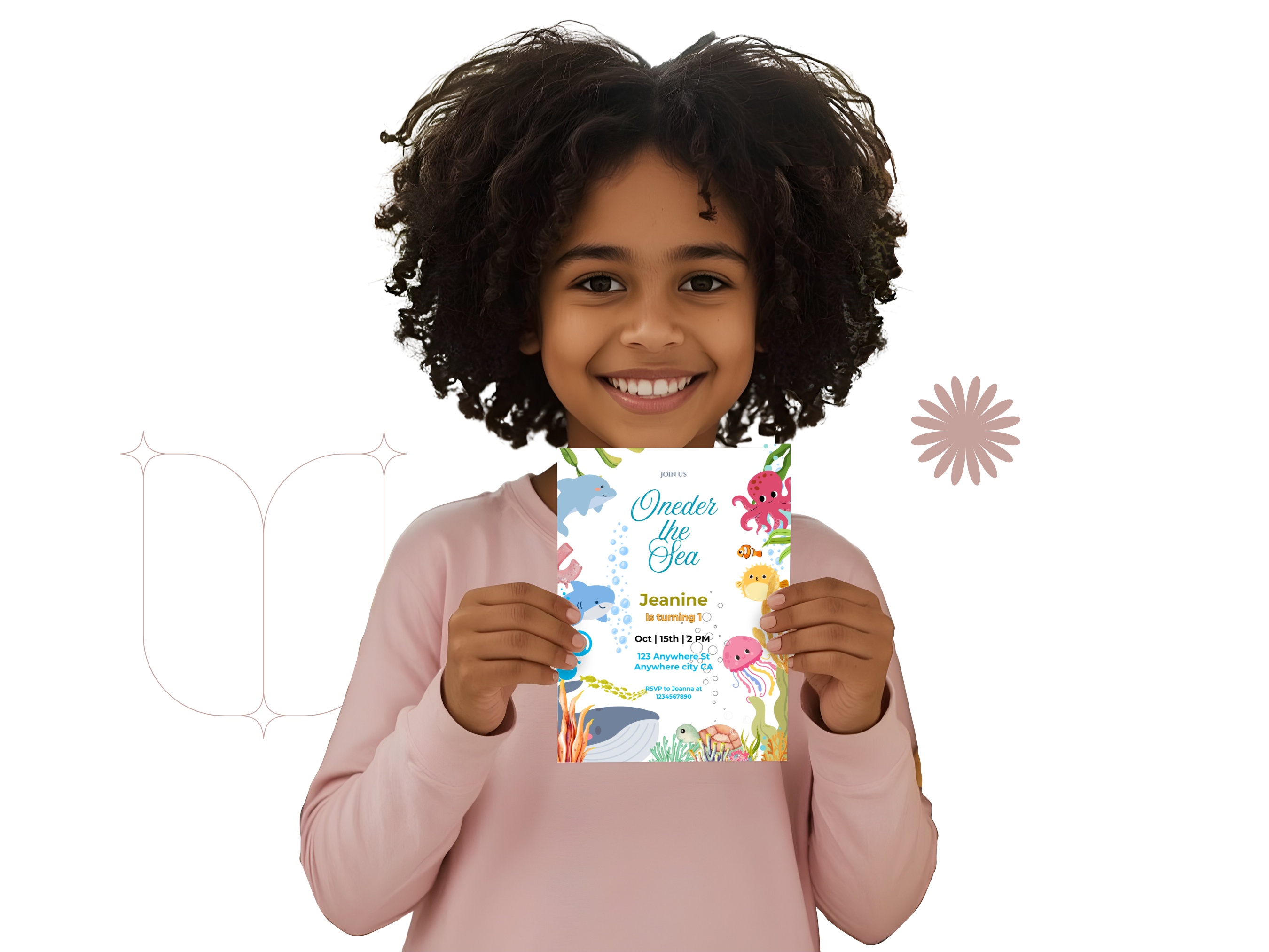 Child holding a colorful under the sea invitation card on a white background