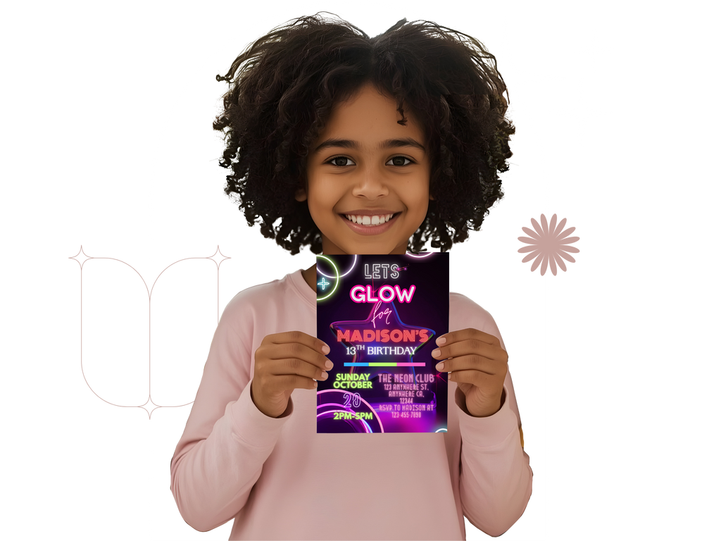 Child holding a birthday party invitation with a glow theme.