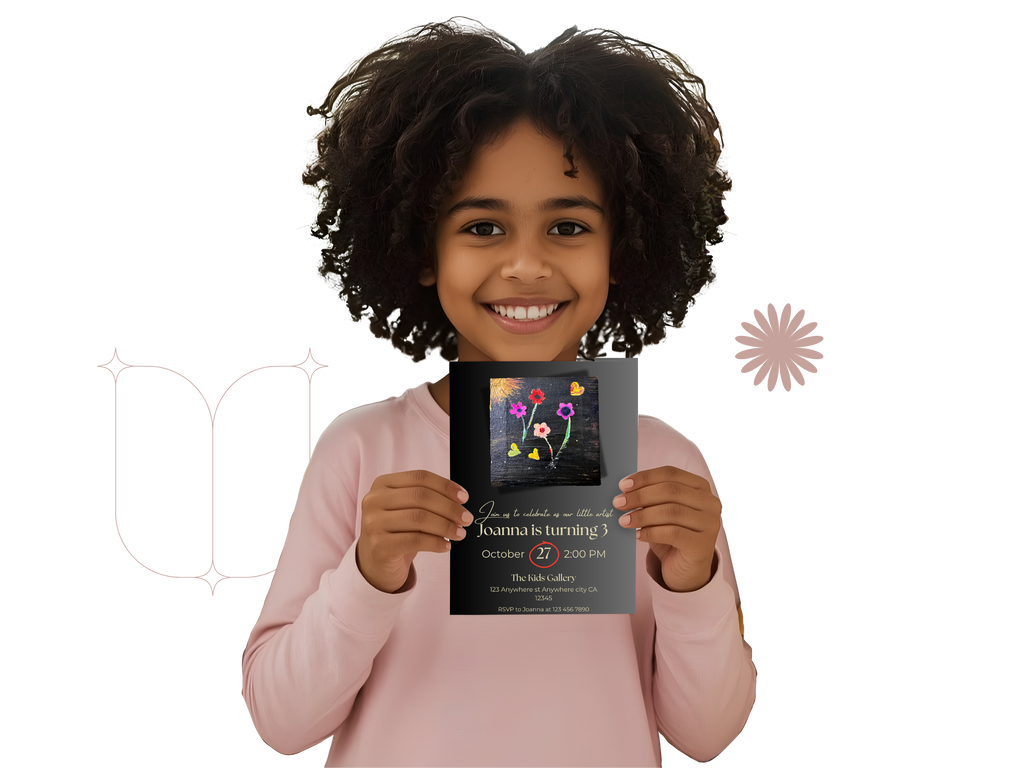 Child holding a birthday invitation card with a white background