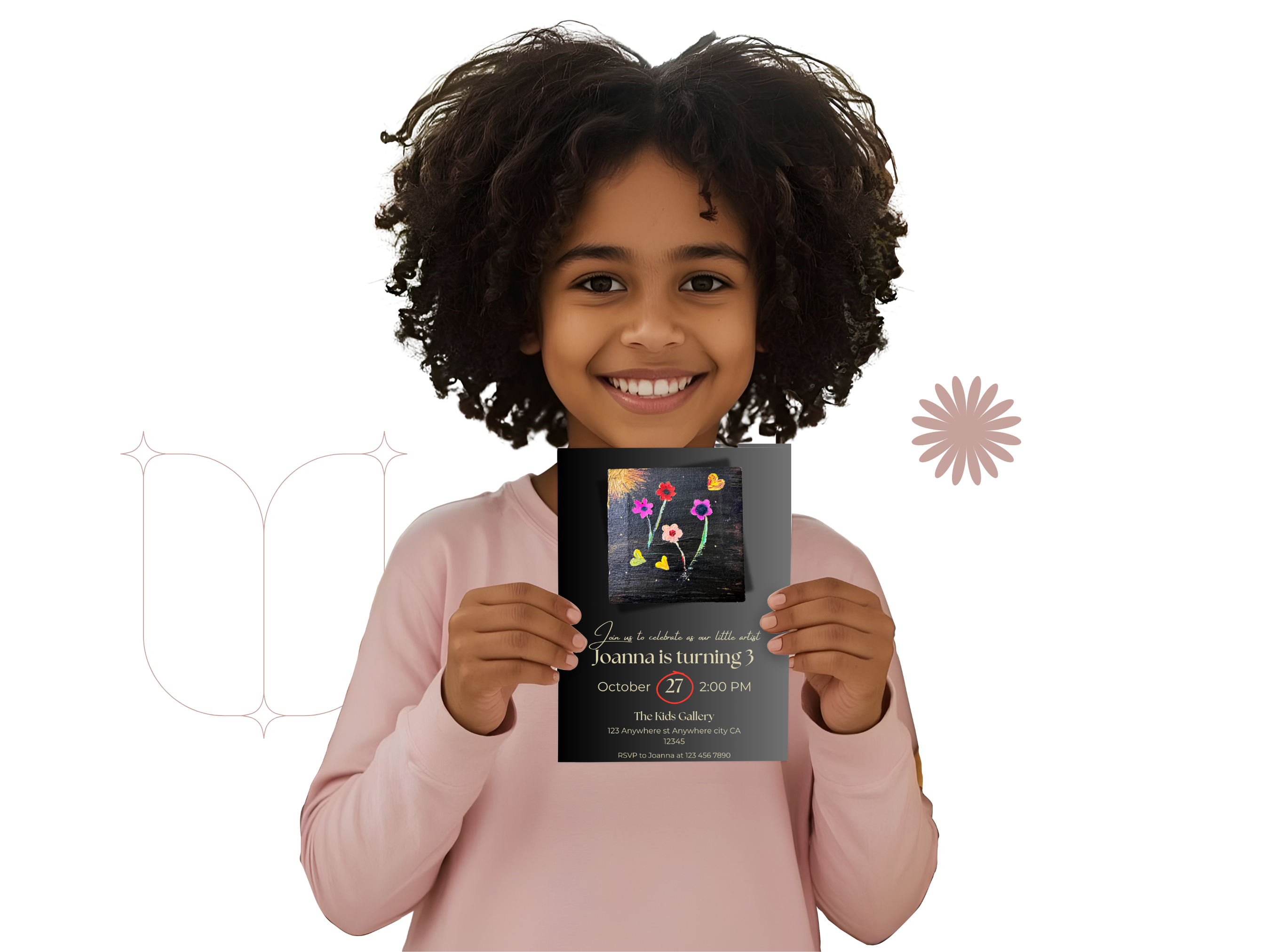 Child holding a birthday invitation card with a white background