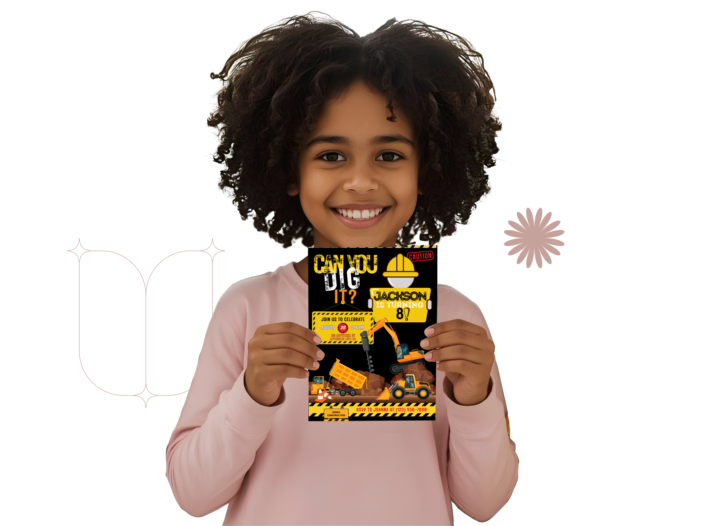 Child holding a personalized birthday card with construction theme on a white background
